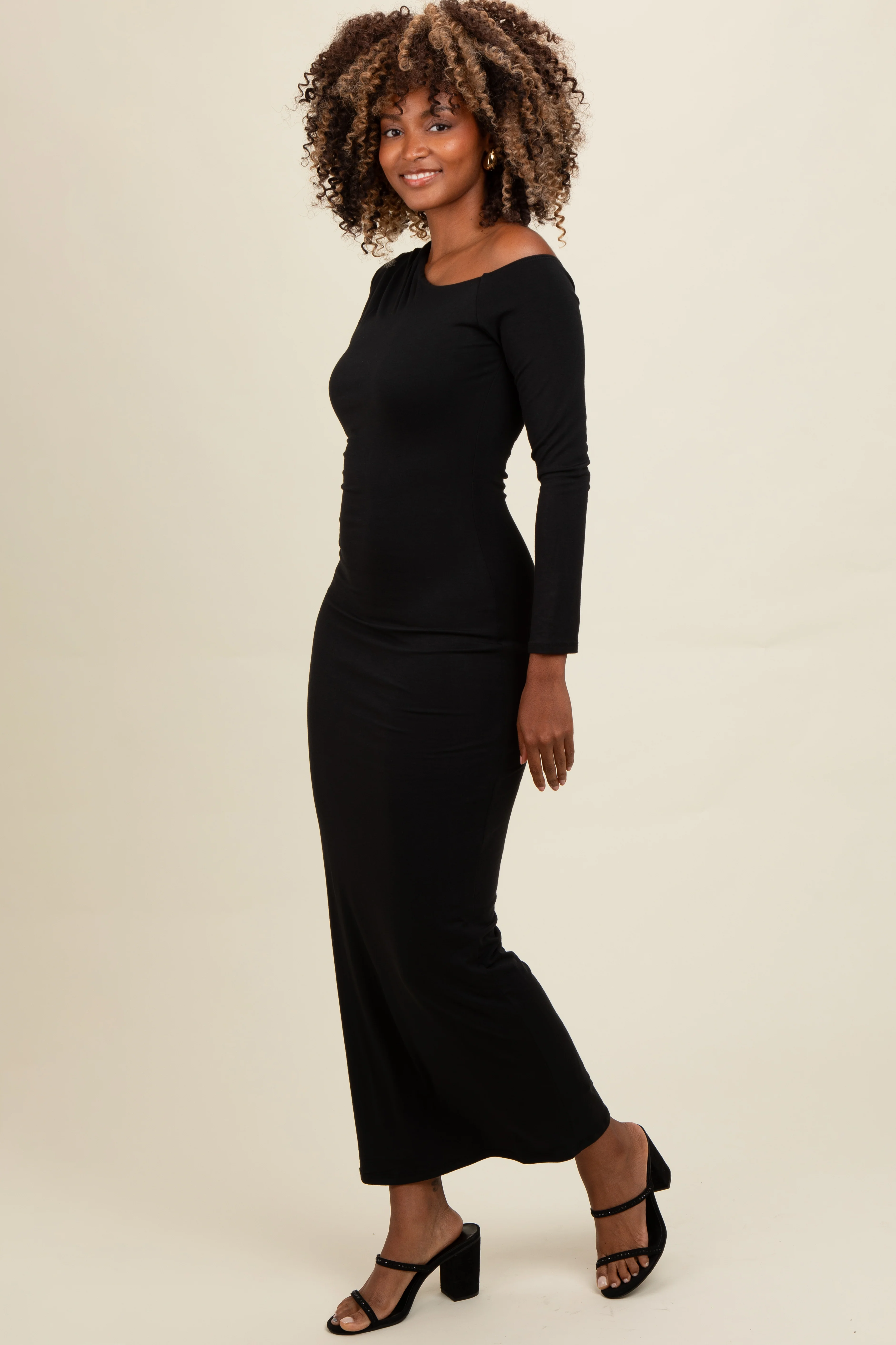 Black One Shoulder Long Sleeve Midi Dress - Image 2