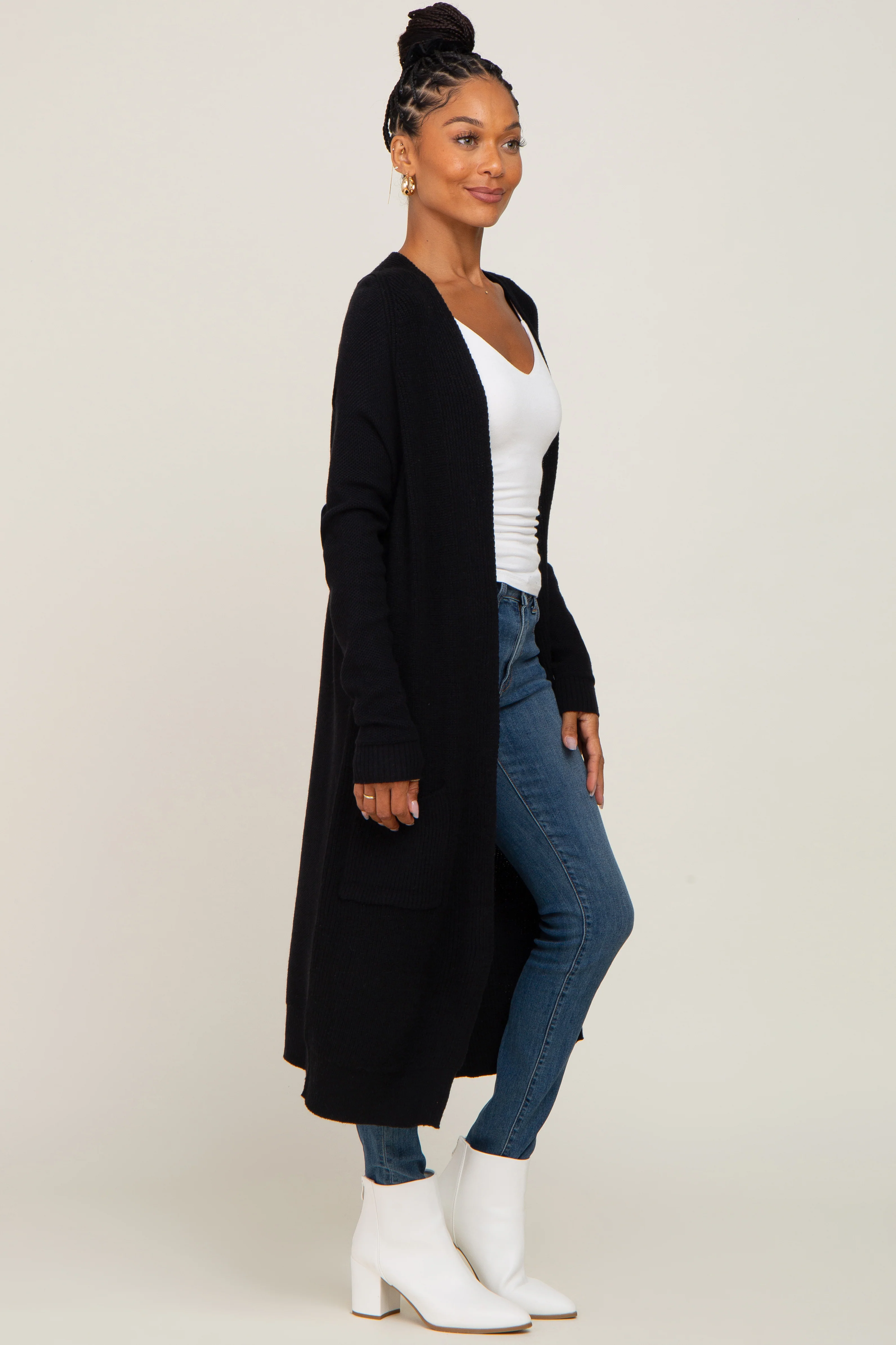 Black Open Front Long Cardigan - Image 2