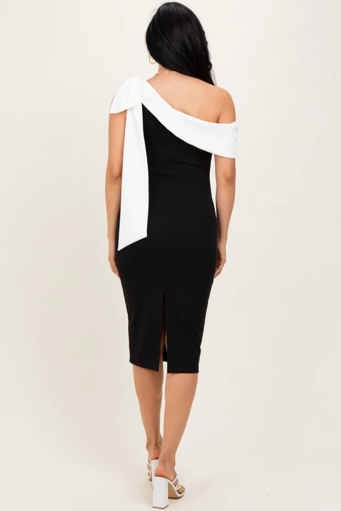 Black Oversized Bow One Shoulder Midi Dress - Image 3