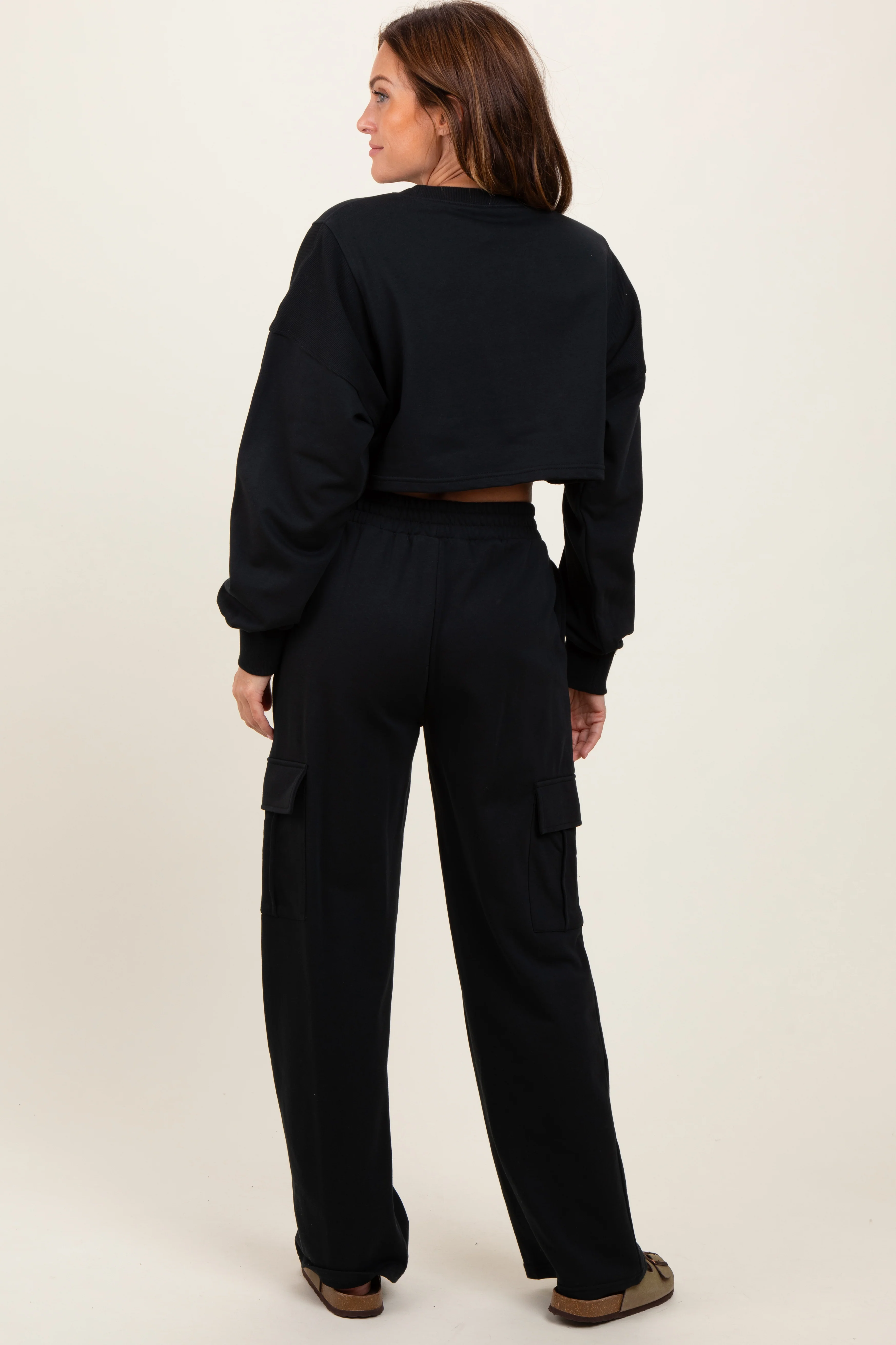 Black Oversized Crop Sweatshirt Cargo Sweatpant Set - Image 3