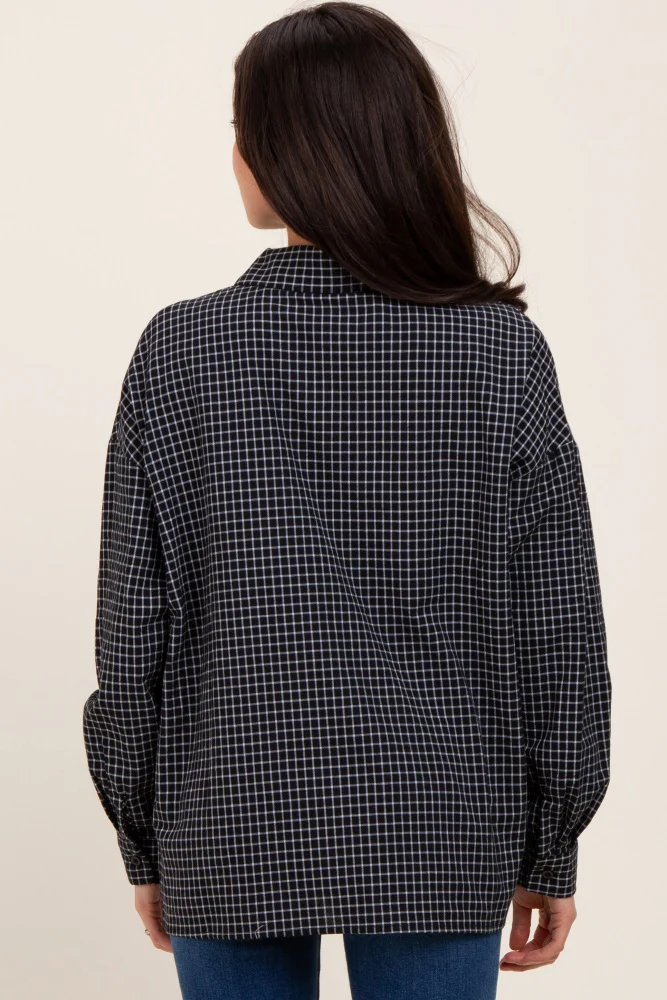 Black Oversized Grid Plaid Maternity Button Down Shirt - Image 4