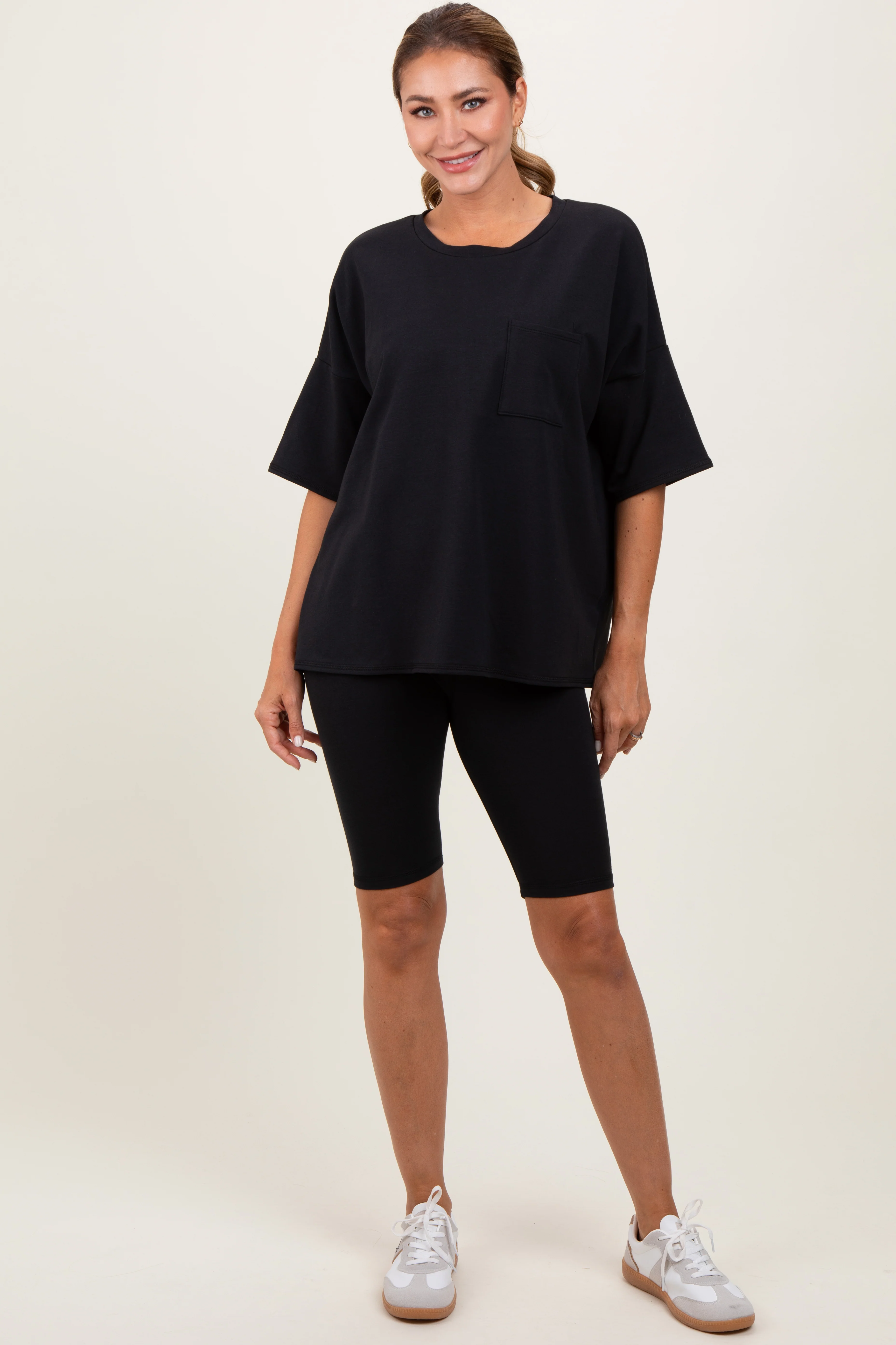 Black Oversized Short Sleeve Biker Short Maternity Set - Image 5