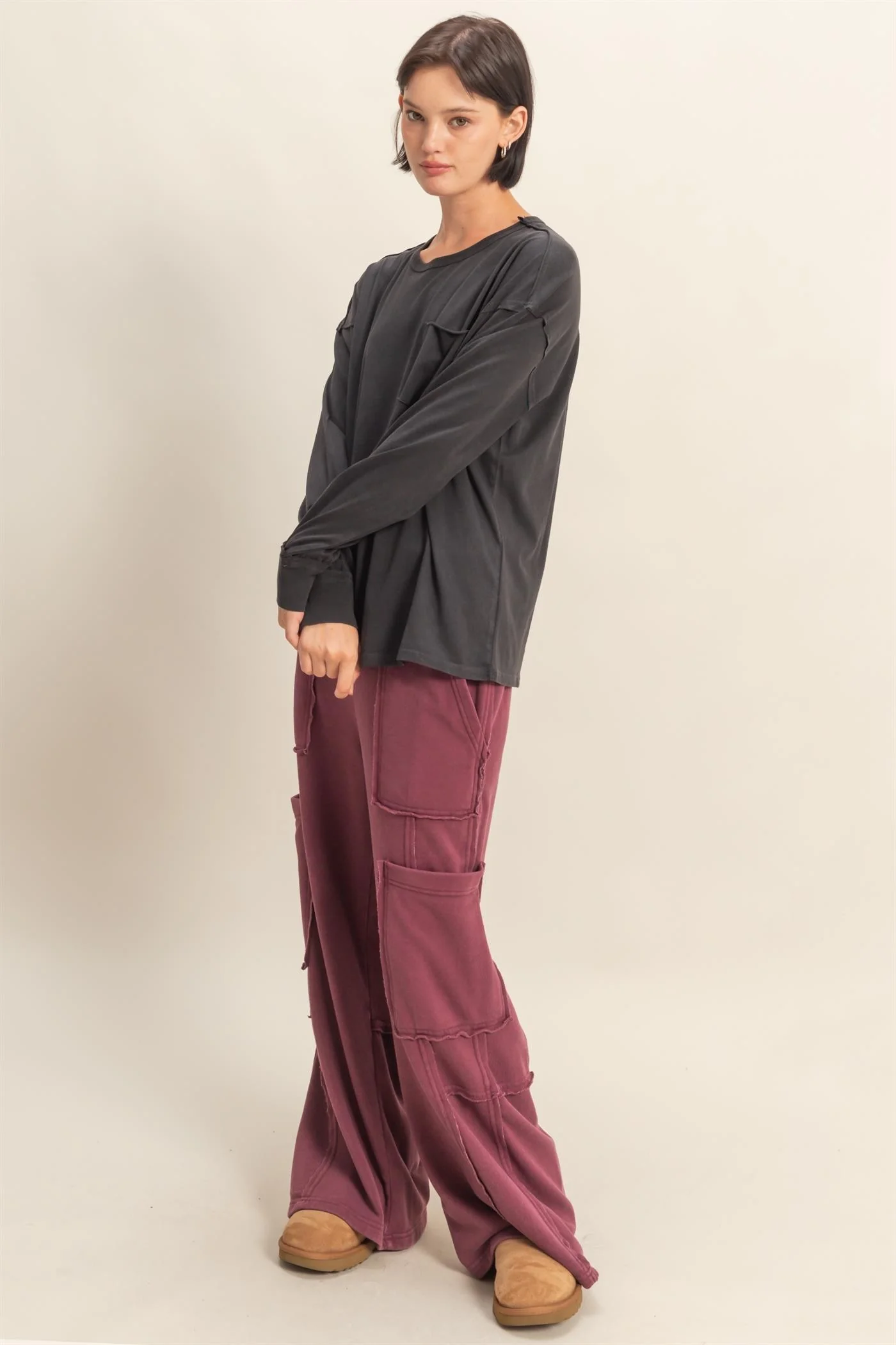 Black Oversized Washed Long Sleeve Pocket Top - Image 4