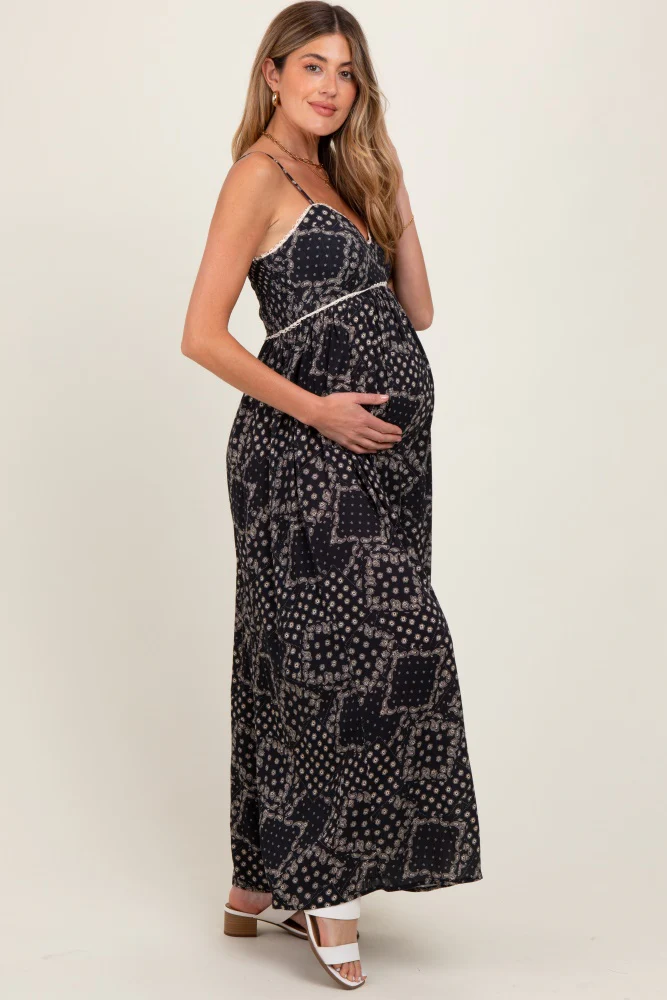 Black Paisley Printed Wide Relaxed Fit Maternity Jumpsuit - Image 3