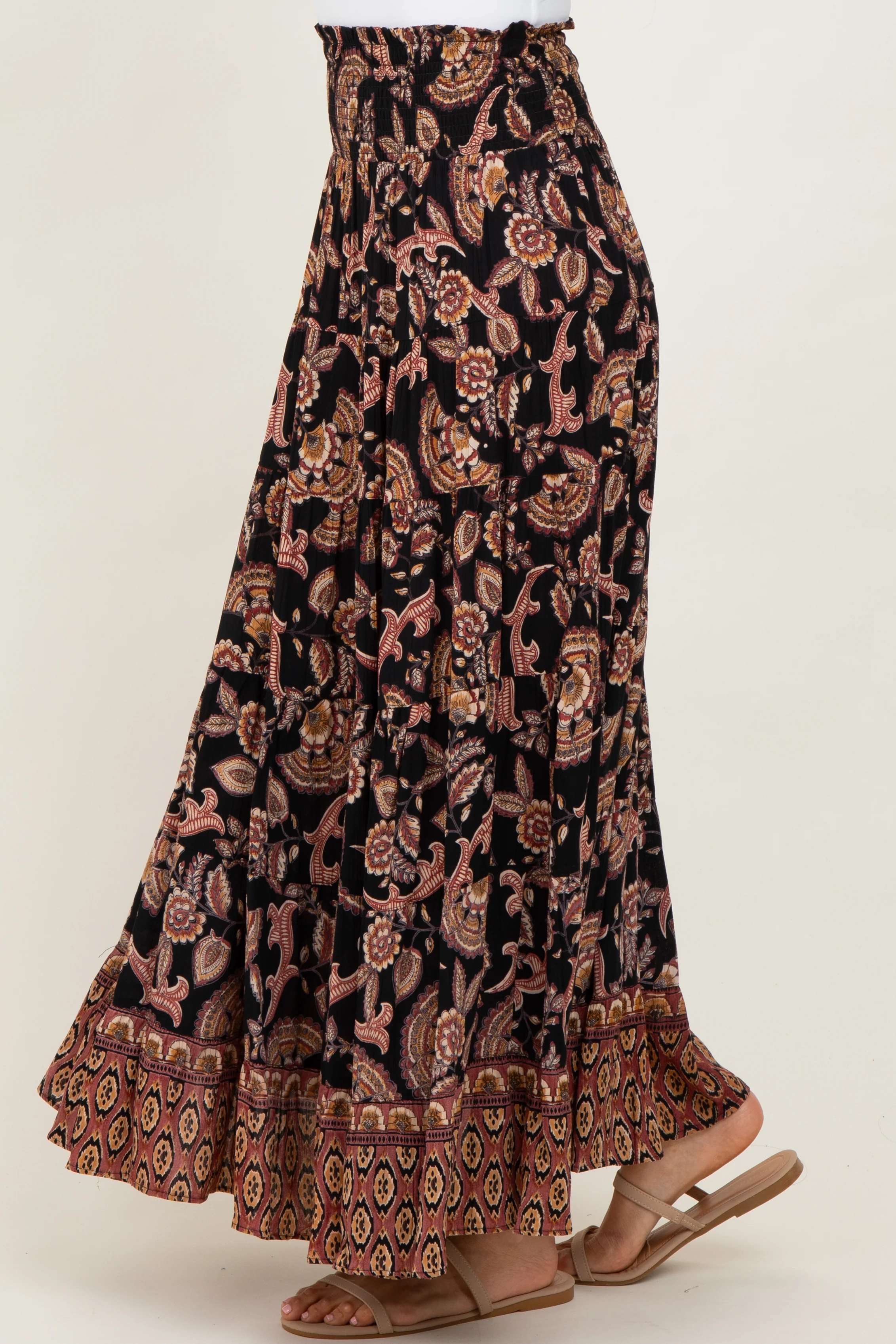 Black Paisley Smocked Waist Tiered Maxi Skirt - Image 4