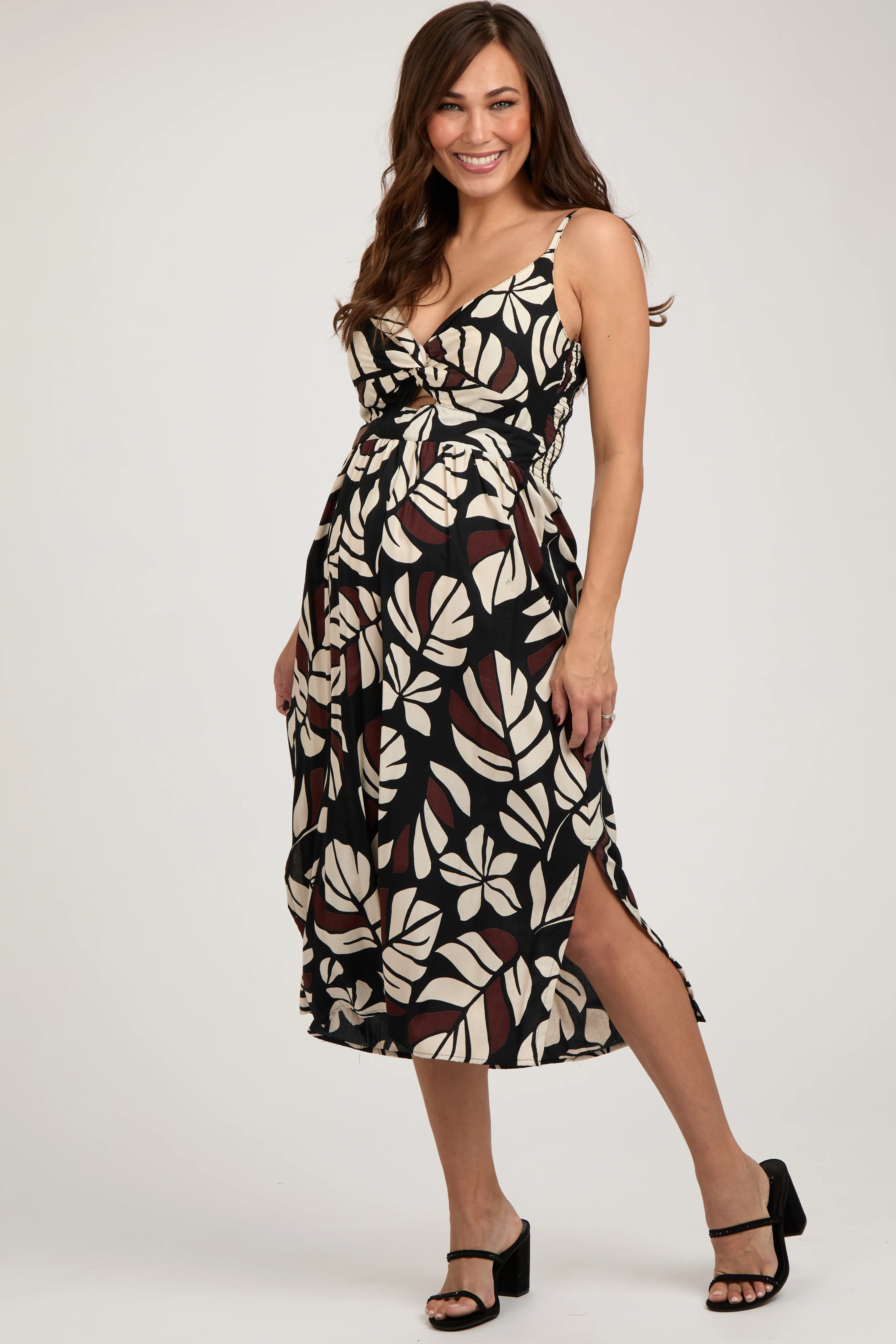 Black Palm Print Front Knot Twist Maternity Dress - Image 2
