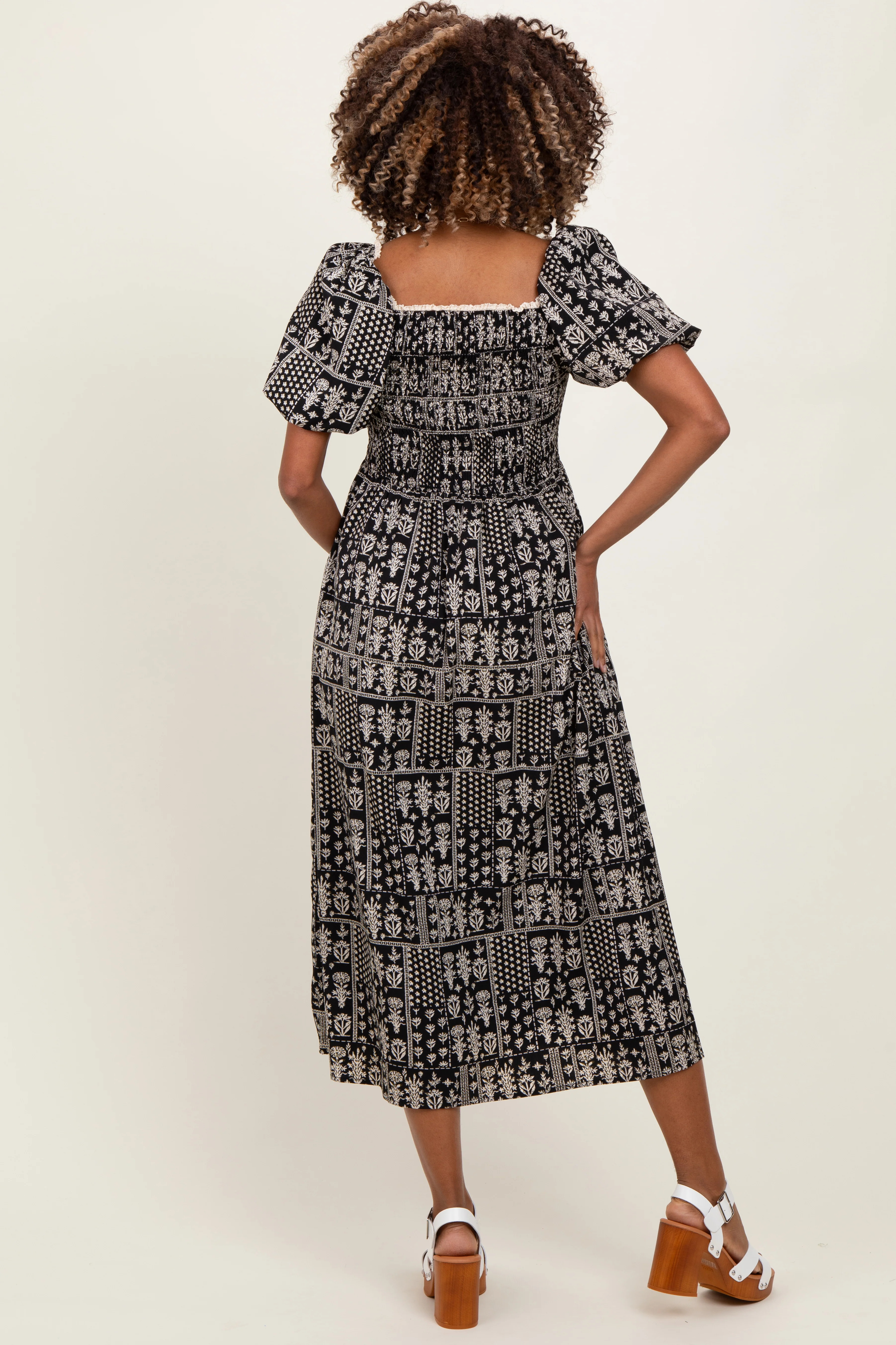 Black Patch Printed Smocked Maternity Midi Dress - Image 5