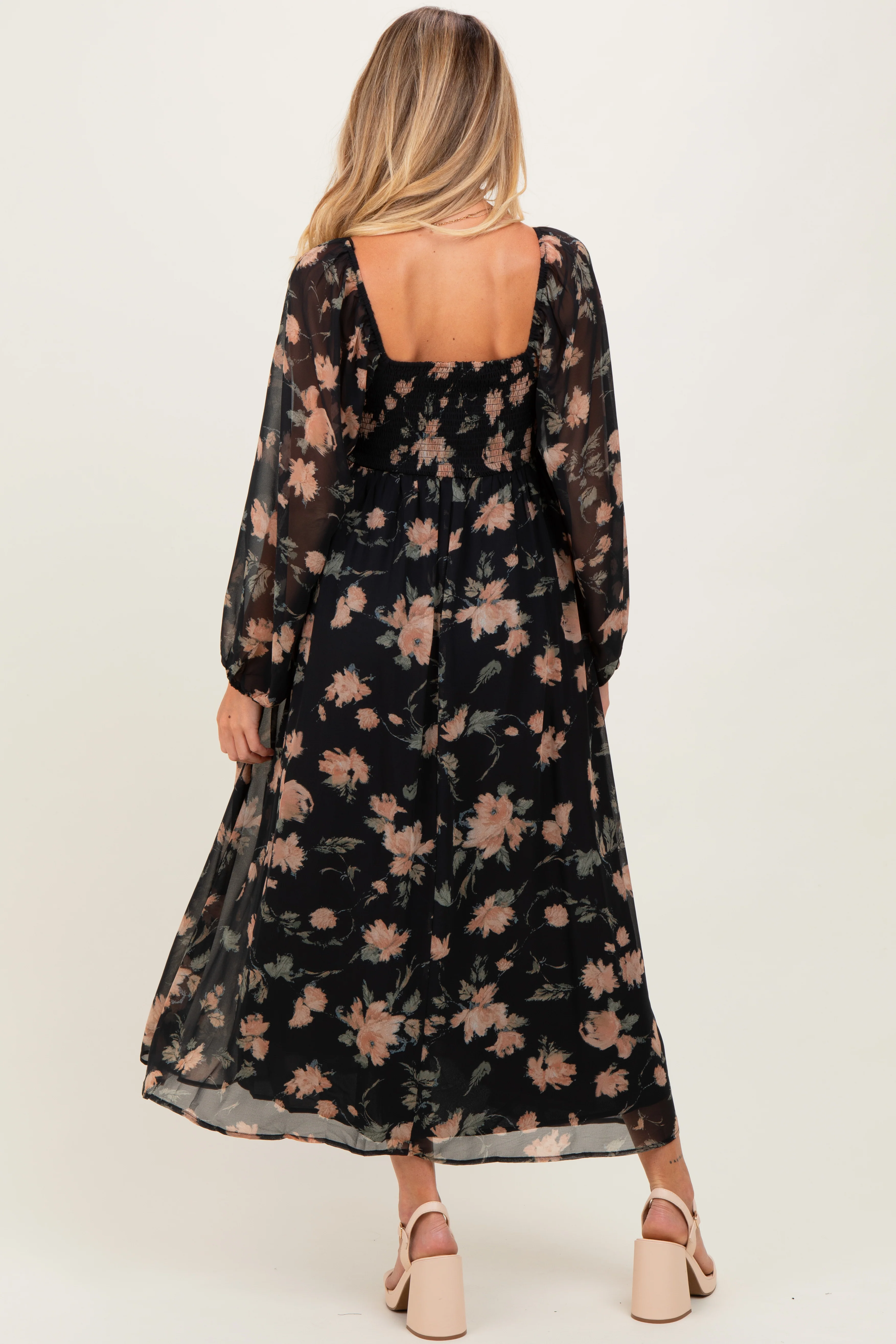 Black/Peach Floral Knotted Bust Chiffon Maternity Midi Dress - Image 4