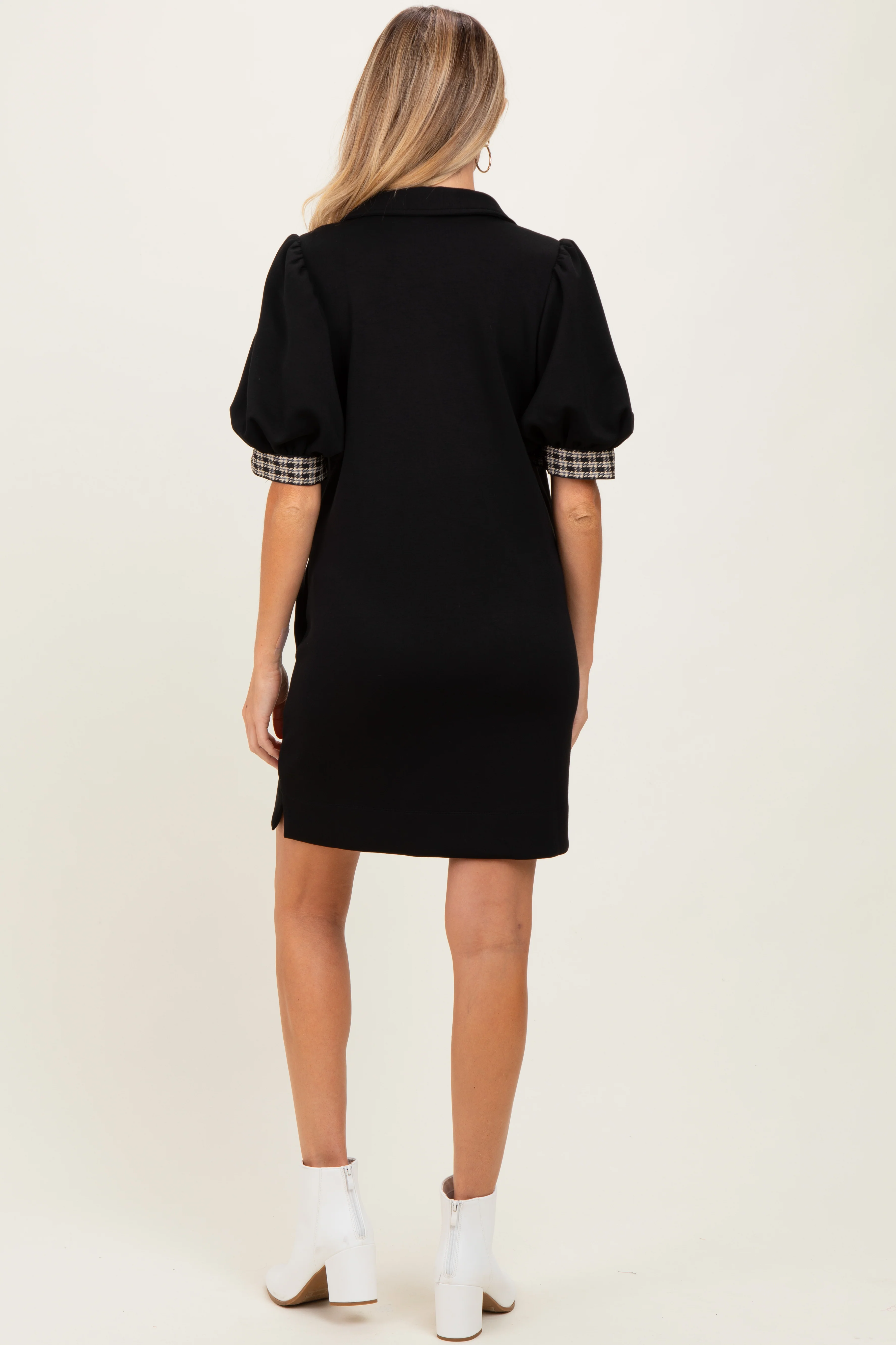 Black Plaid Accent Puff Sleeve Maternity Mini Dress - Image 3