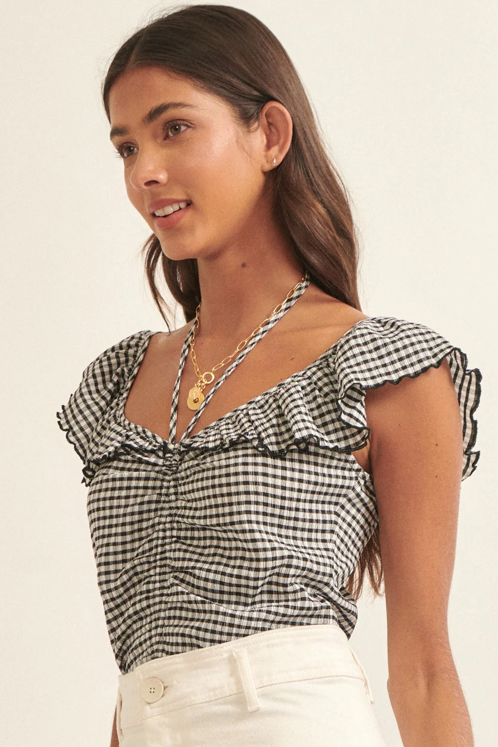 Black Plaid Boat Self-Tie Halter Gathered Bodysuit - Image 2