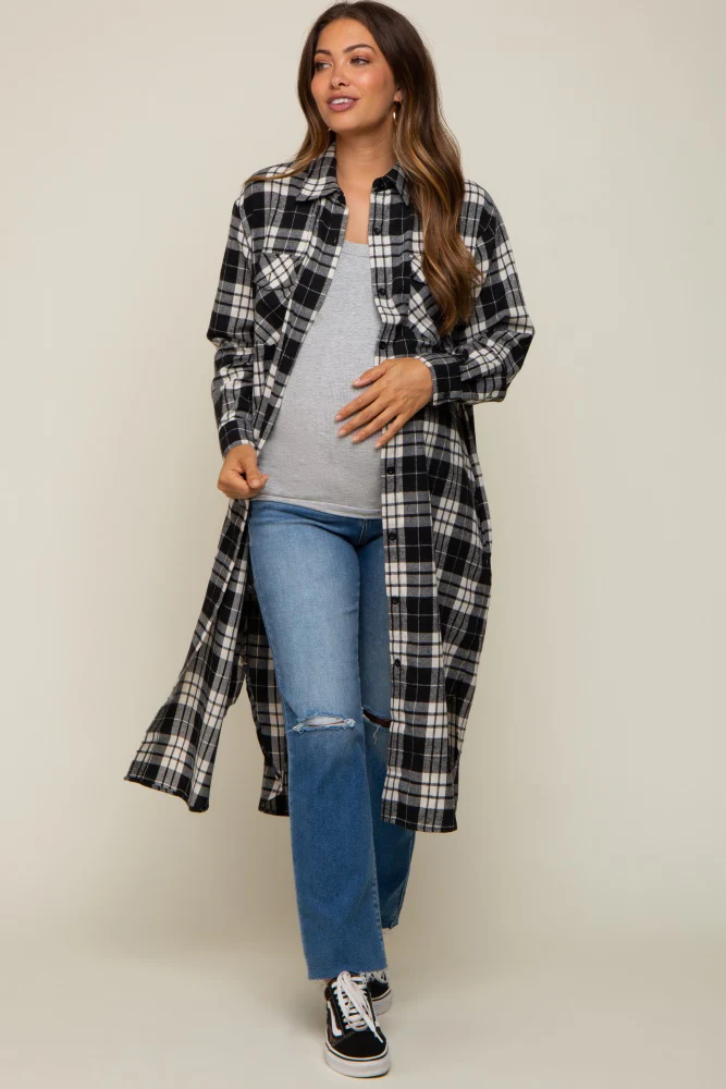Black Plaid Maternity Oversized Shirt - Image 4