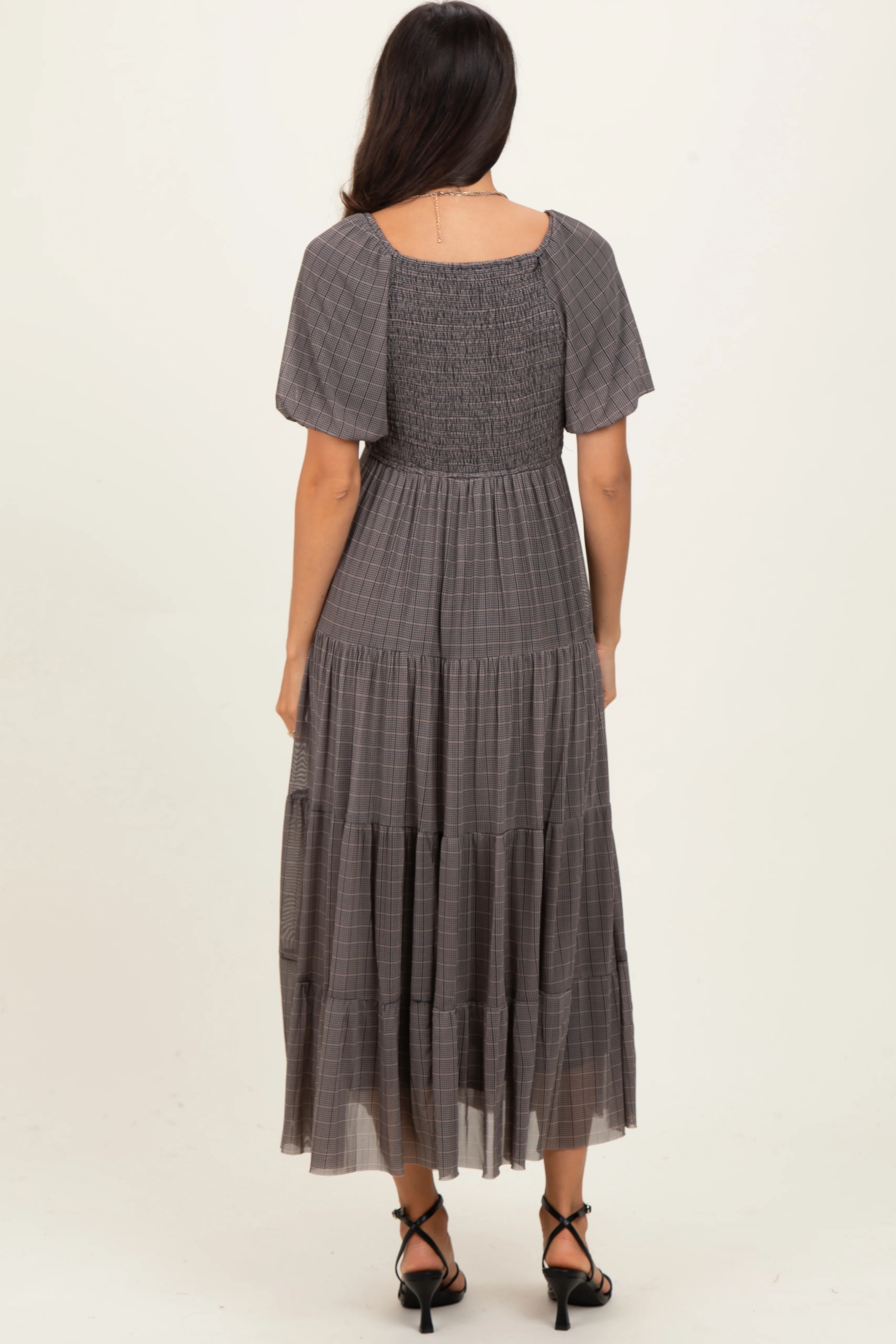 Black Plaid Mesh Tiered Maxi Dress - Image 4