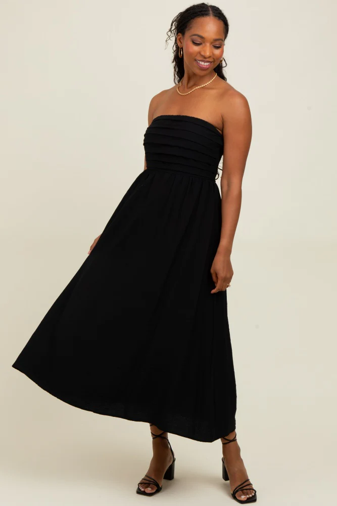 Black Pleated Bodice Strapless Maternity Midi Dress - Image 5