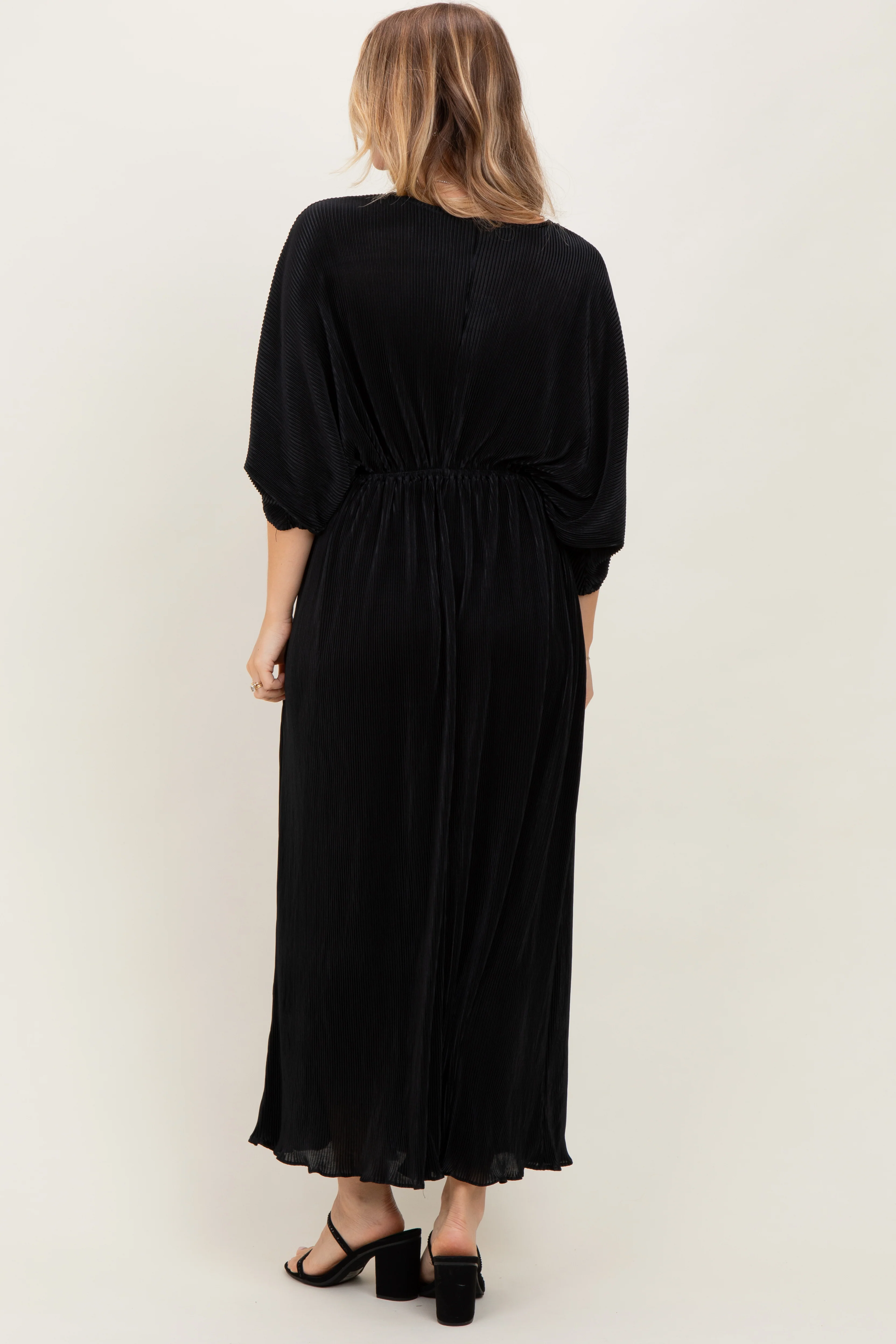 Black Pleated Satin Dolman Sleeve Maxi Dress - Image 4