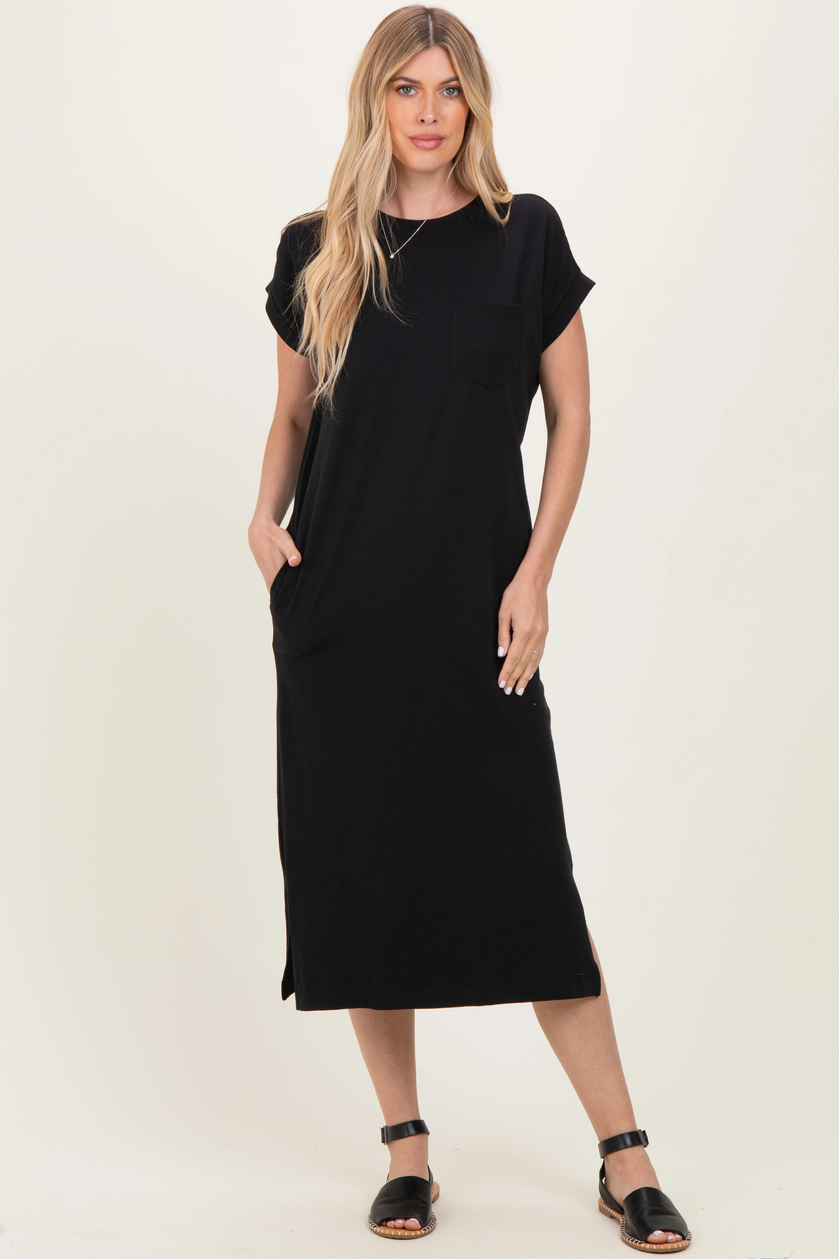Black Pocket Front Maternity Midi T-Shirt Dress - Image 4