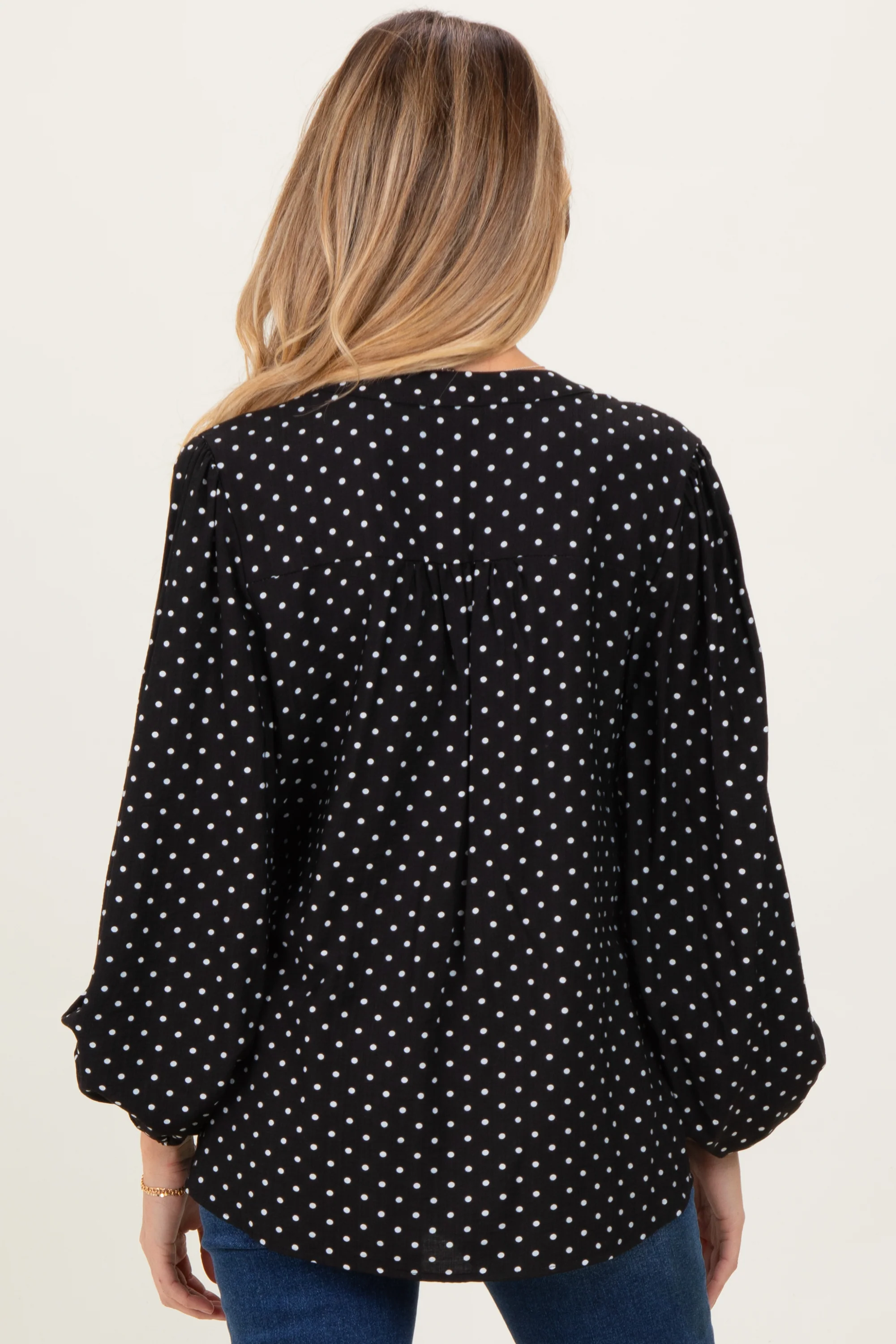 Black Polka Dot Long Sleeve Button Down V-Neck Maternity Top - Image 4