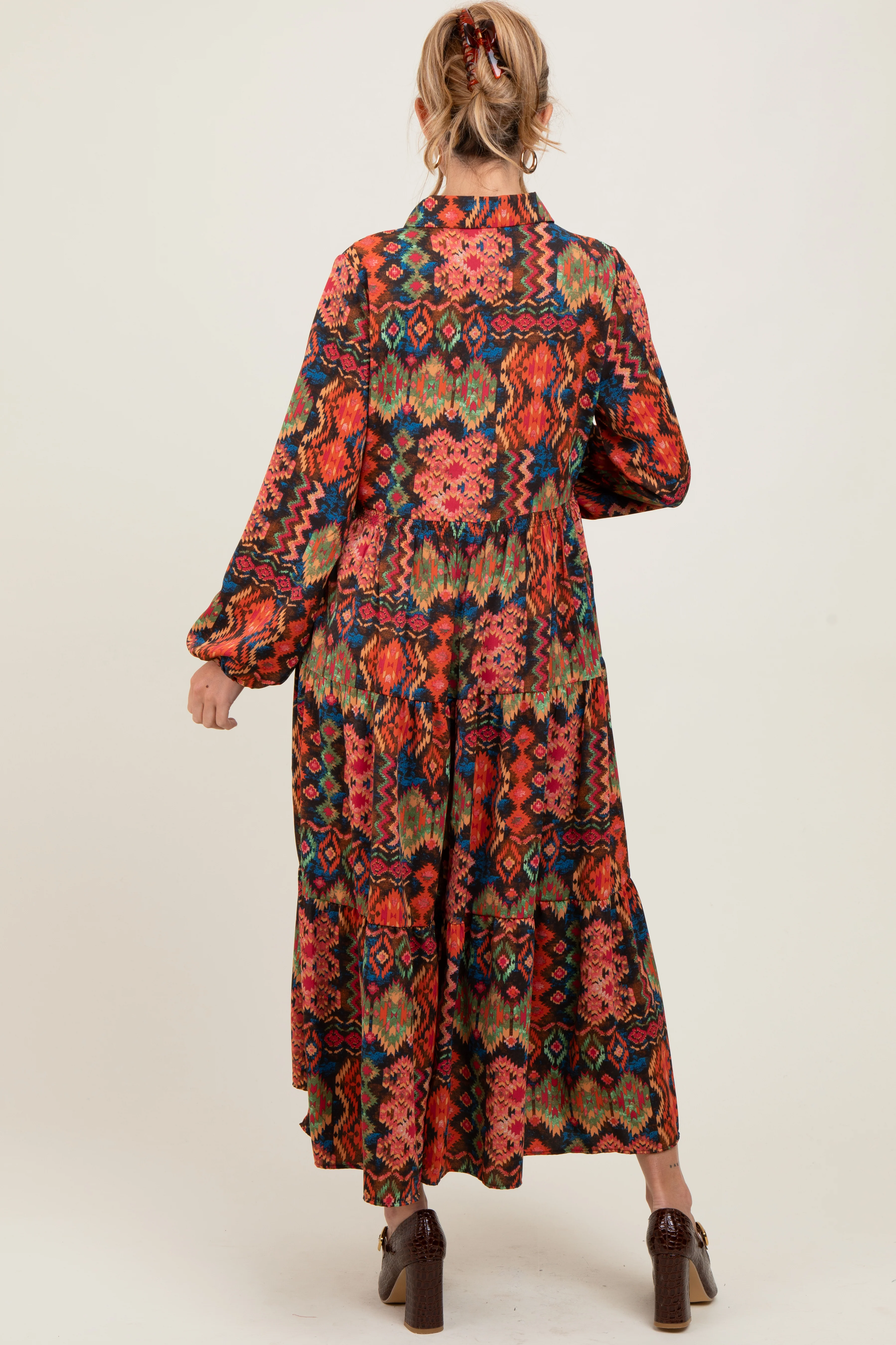 Black Printed Button Detail Tiered Maternity Midi Dress - Image 4