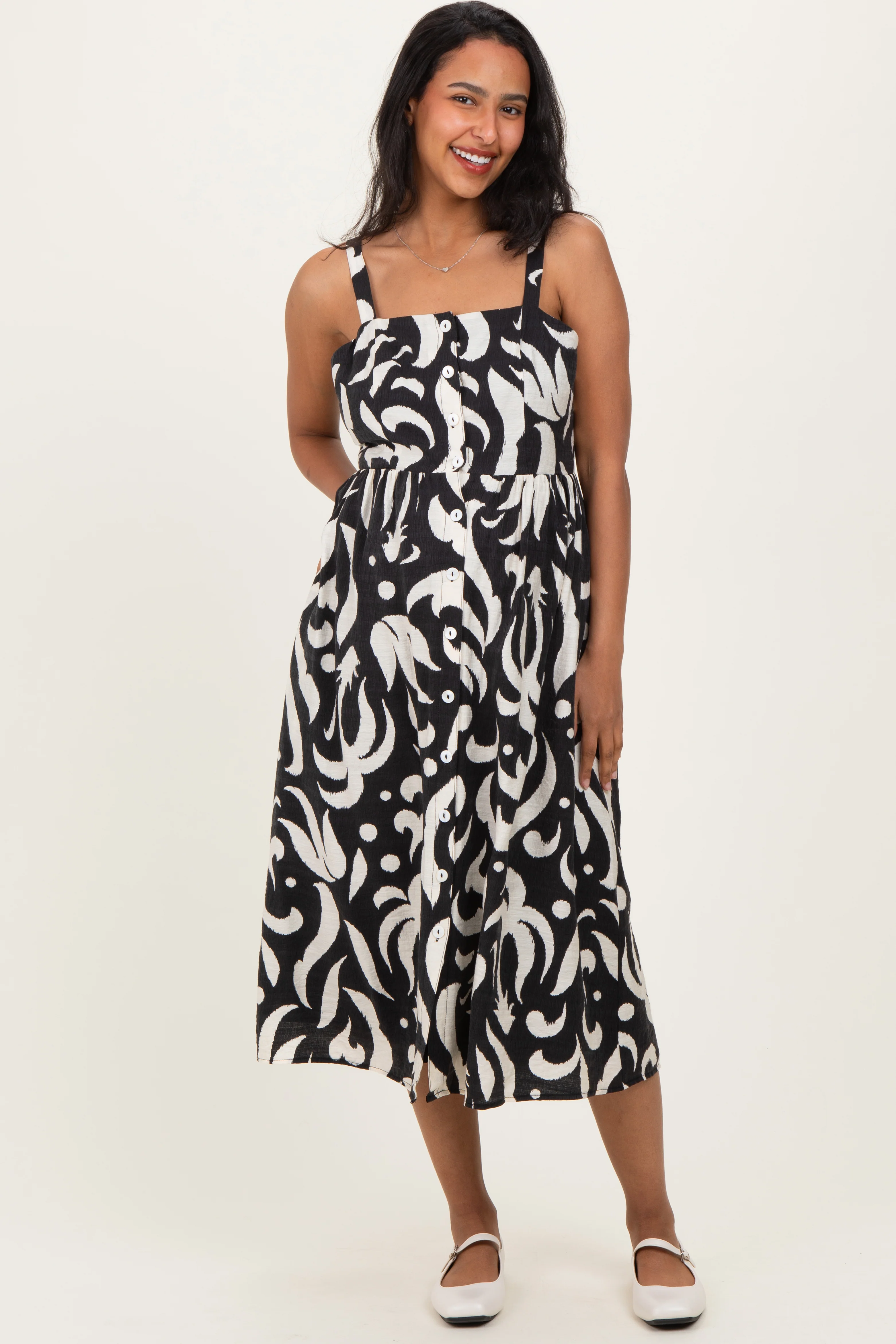 Black Printed Button Down Sleeveless Maternity Midi Dress - Image 2