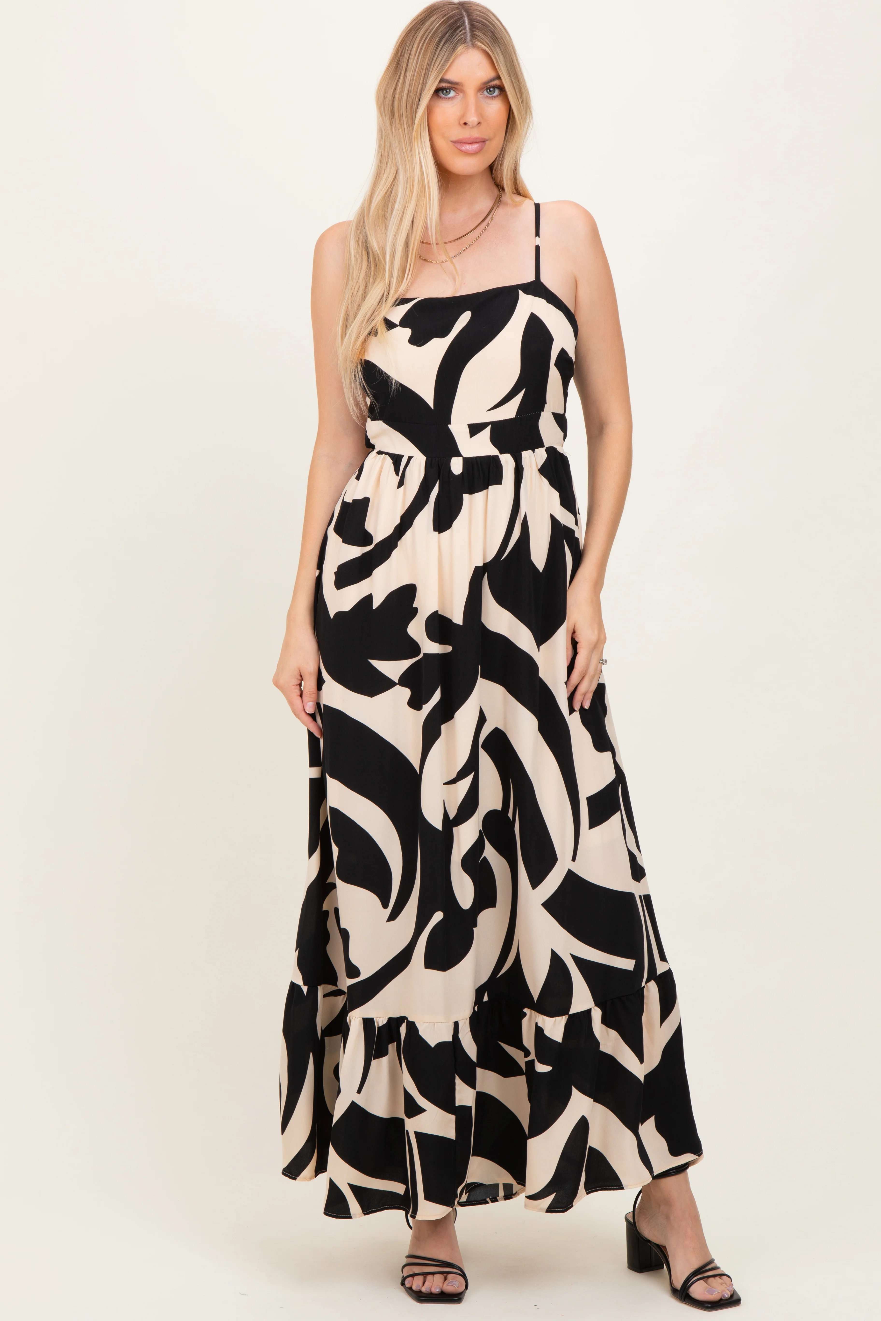 Black Printed Sleeveless Cutout Tie Back Maternity Maxi Dress - Image 5