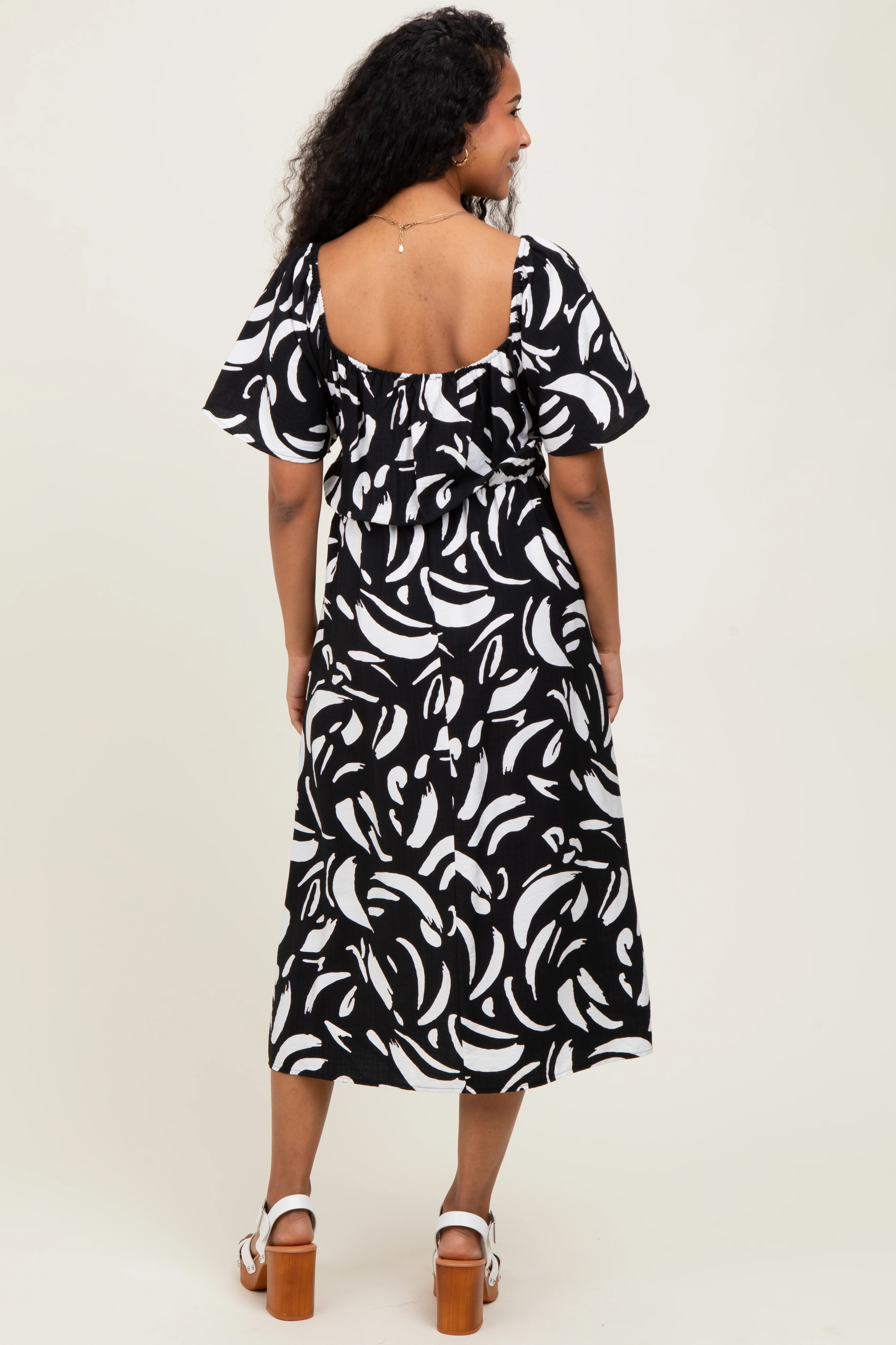 Black Printed Smocked Maternity Midi Dress - Image 3