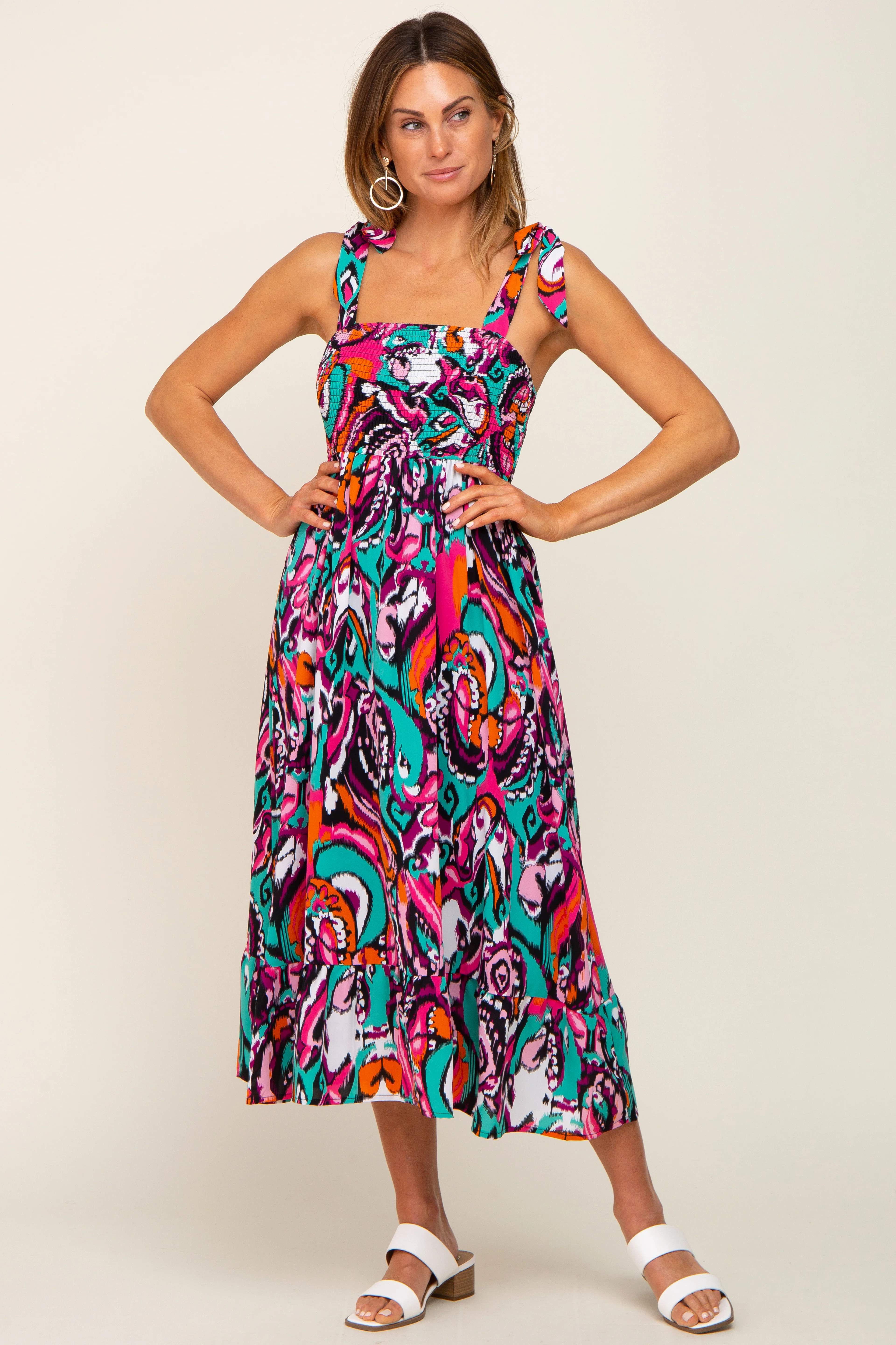 Black Printed Smocked Shoulder Tie Midi Dress - Image 4