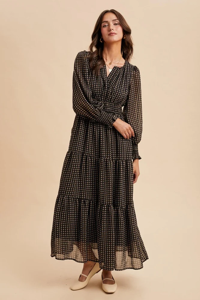 Black Printed Smocked Waist Tiered Maxi Dress - Image 3