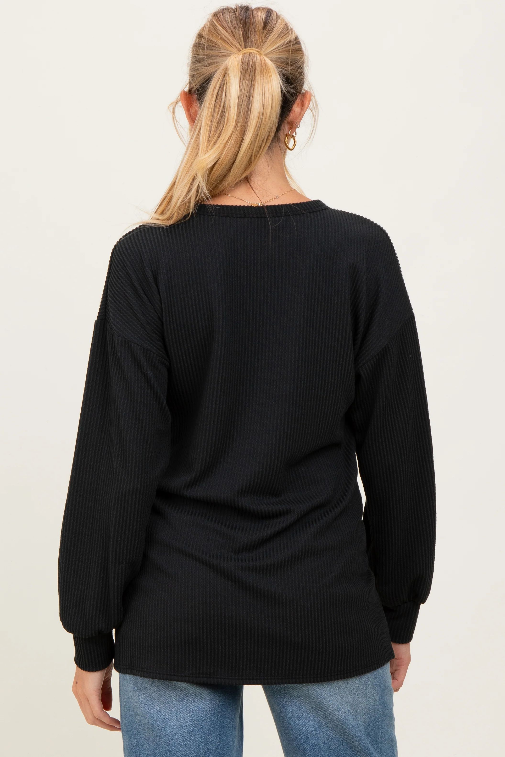 Black Puff Sleeve Solid Ribbed Maternity Top - Image 4