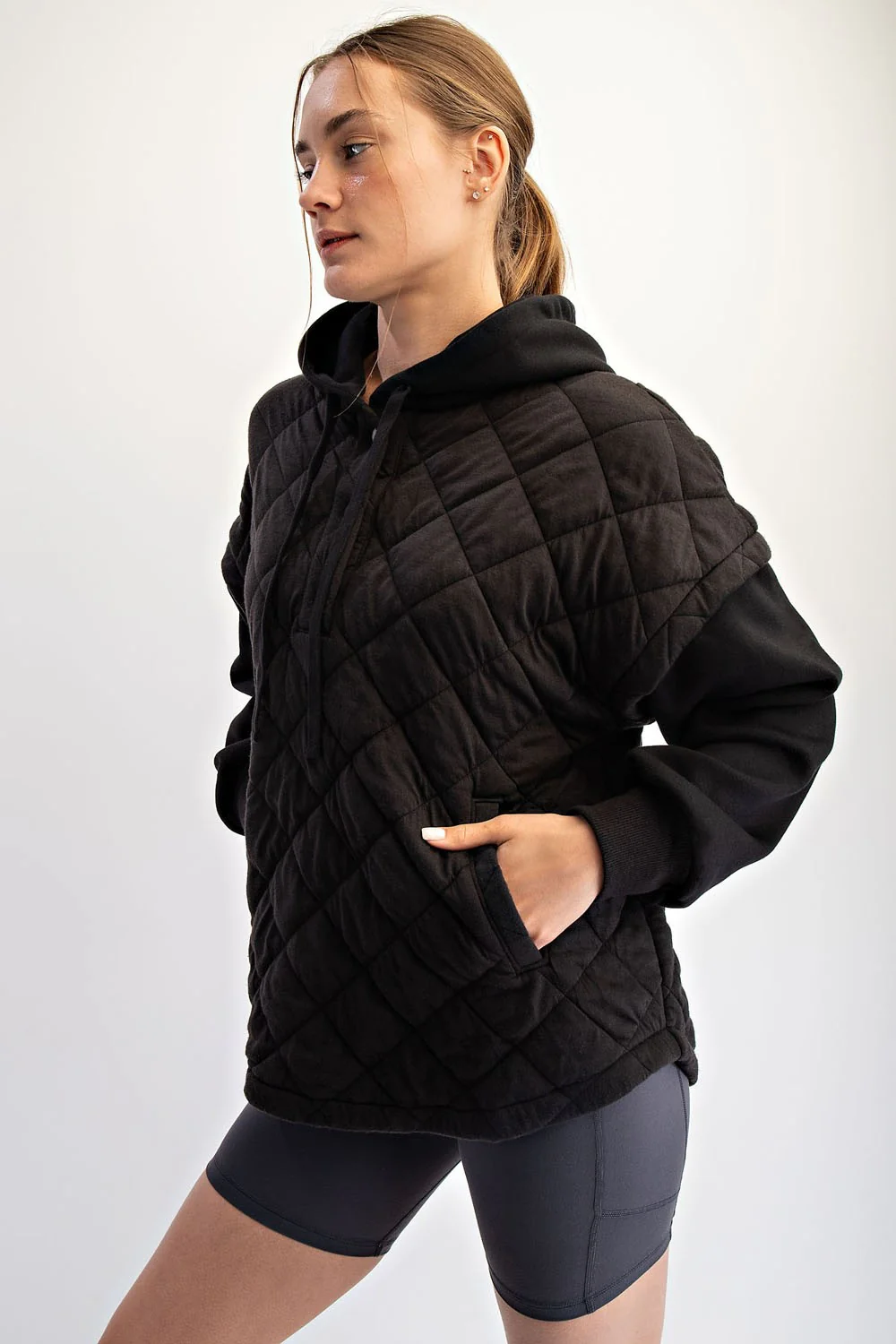 Black Quilted Contrast Button Hoodie - Image 3
