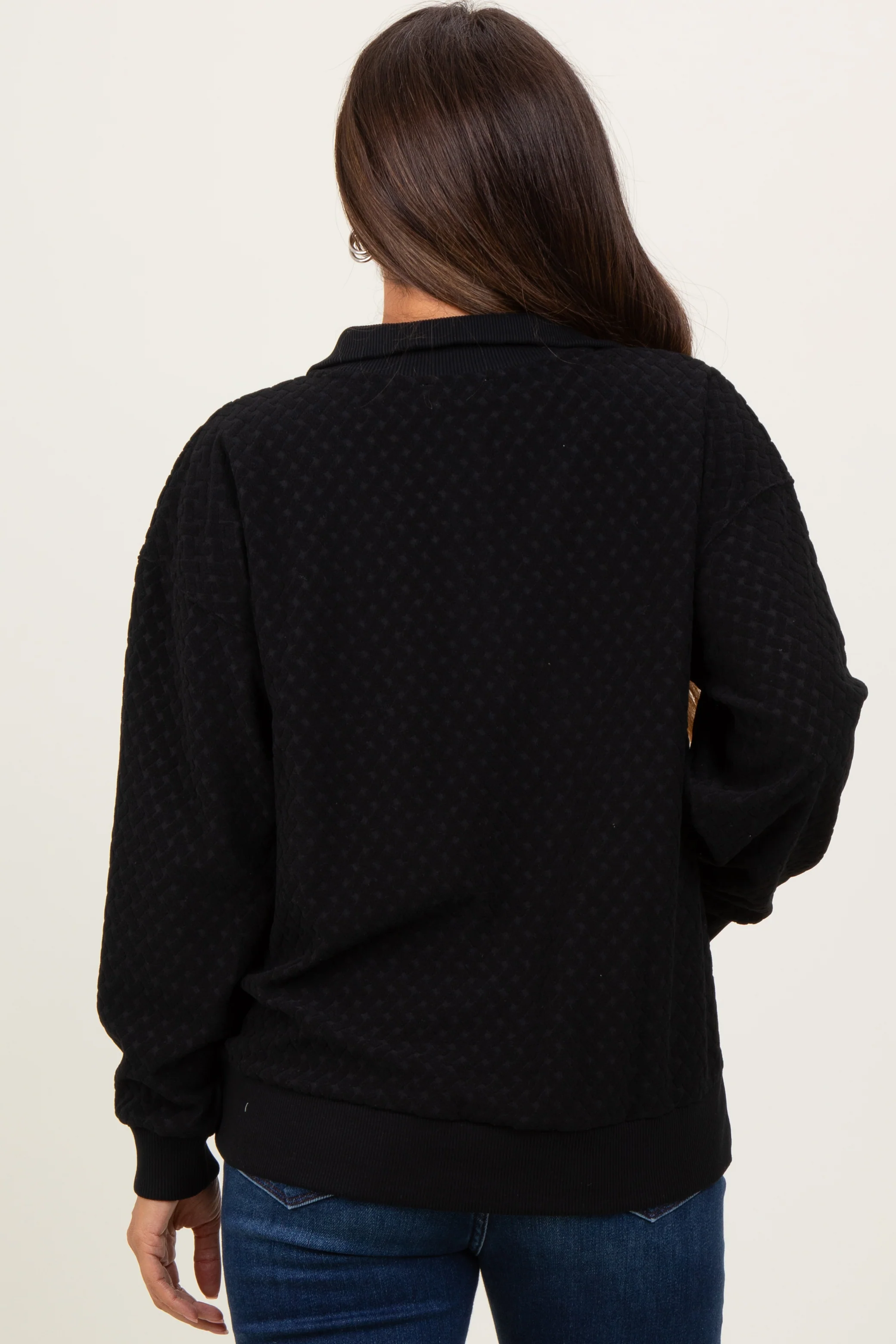 Black Quilted Knit Snap Collar Maternity Pullover Top - Image 4