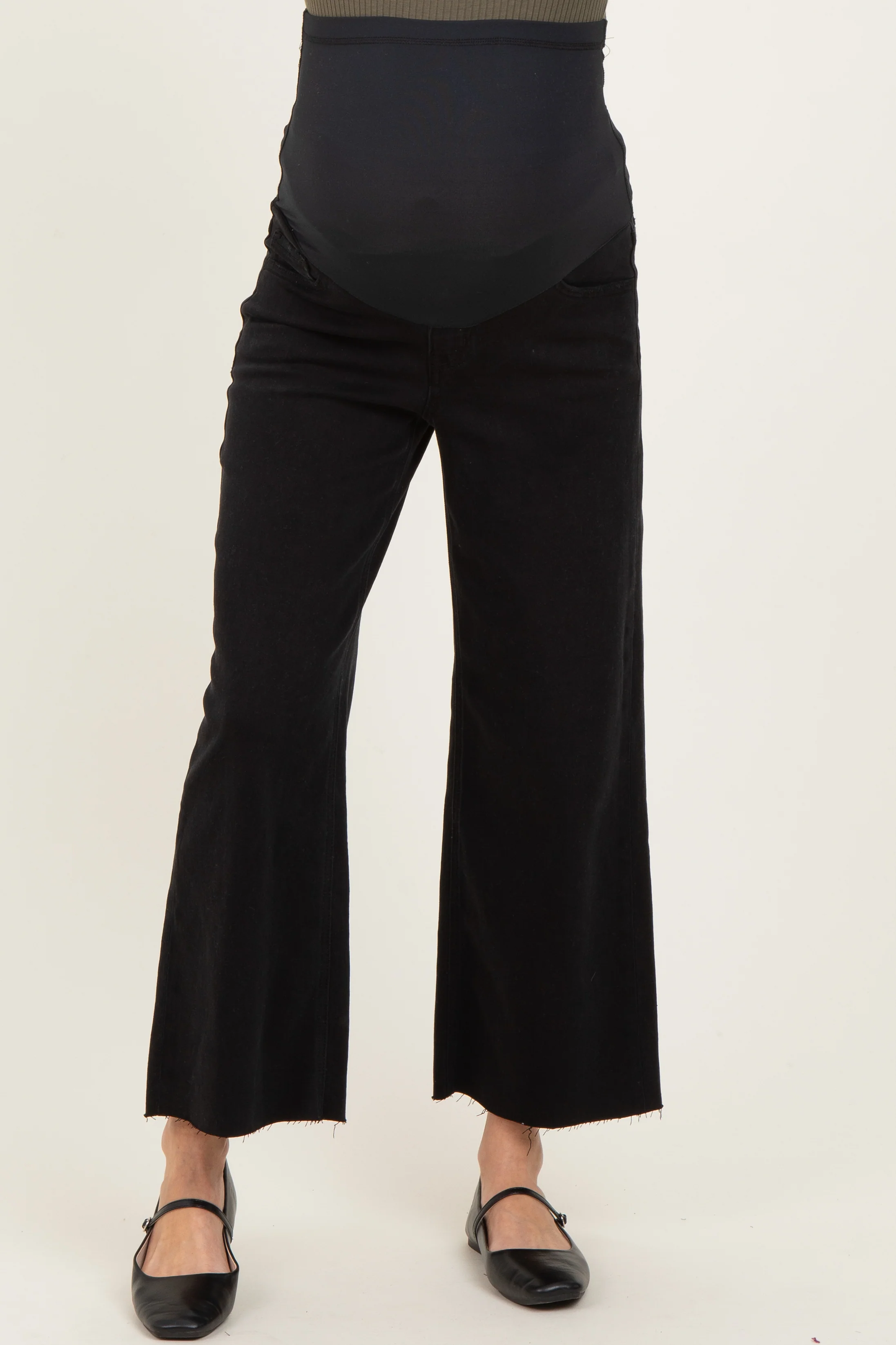 Black Raw Hem Crop Wide Leg Maternity Jeans
