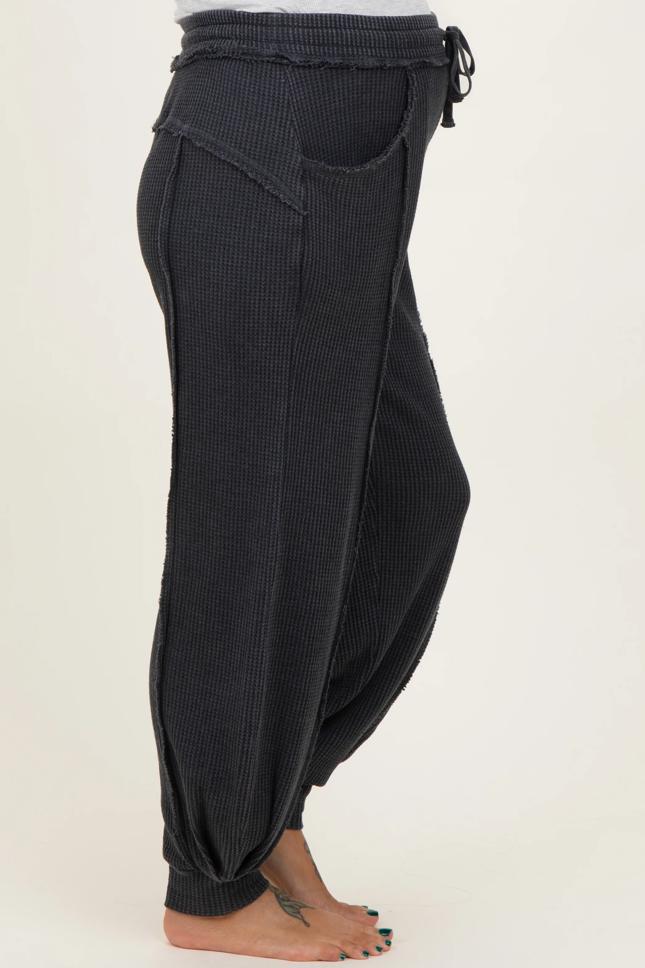 Black Raw Seam Waffle Knit Maternity Joggers - Image 4