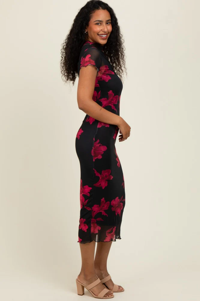 Black/Red Short Sleeve Digital Print Mesh Midi Dress - Image 3