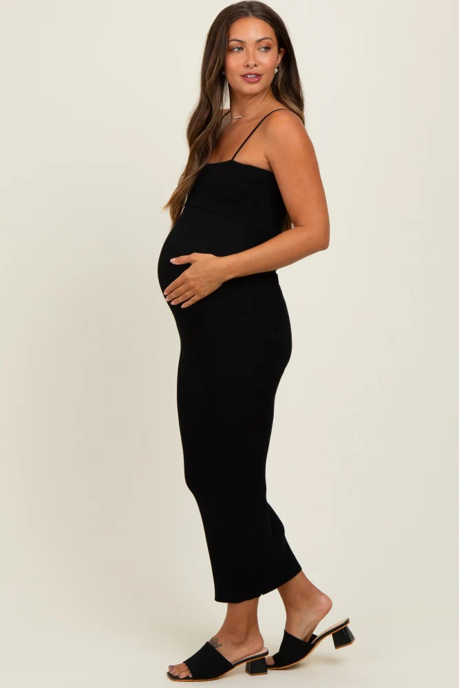 Black Rib Knit Off Shoulder Fitted Maternity Midi Dress - Image 3