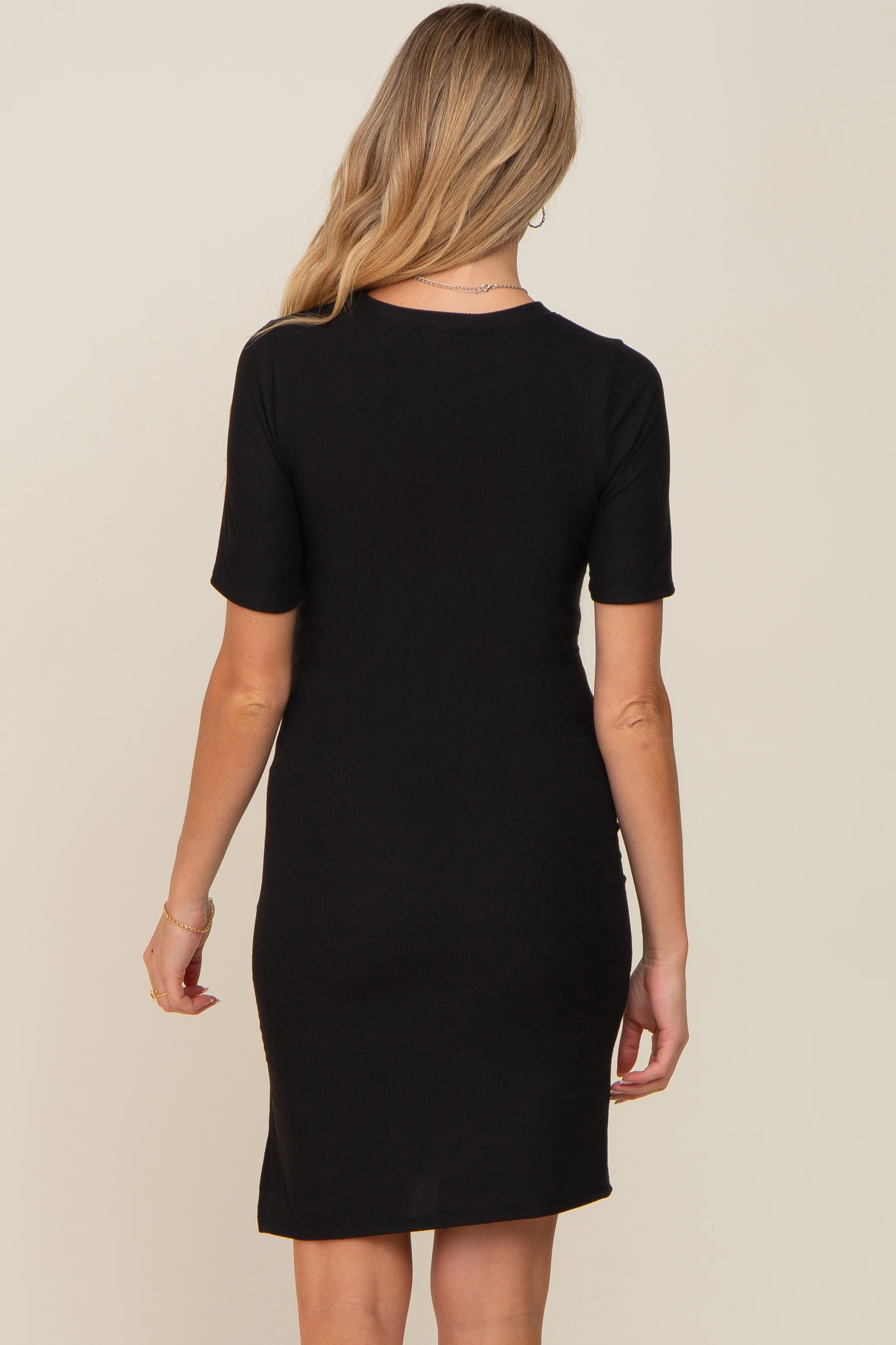 Black Ribbed Basic Short Sleeve Maternity Dress - Image 4