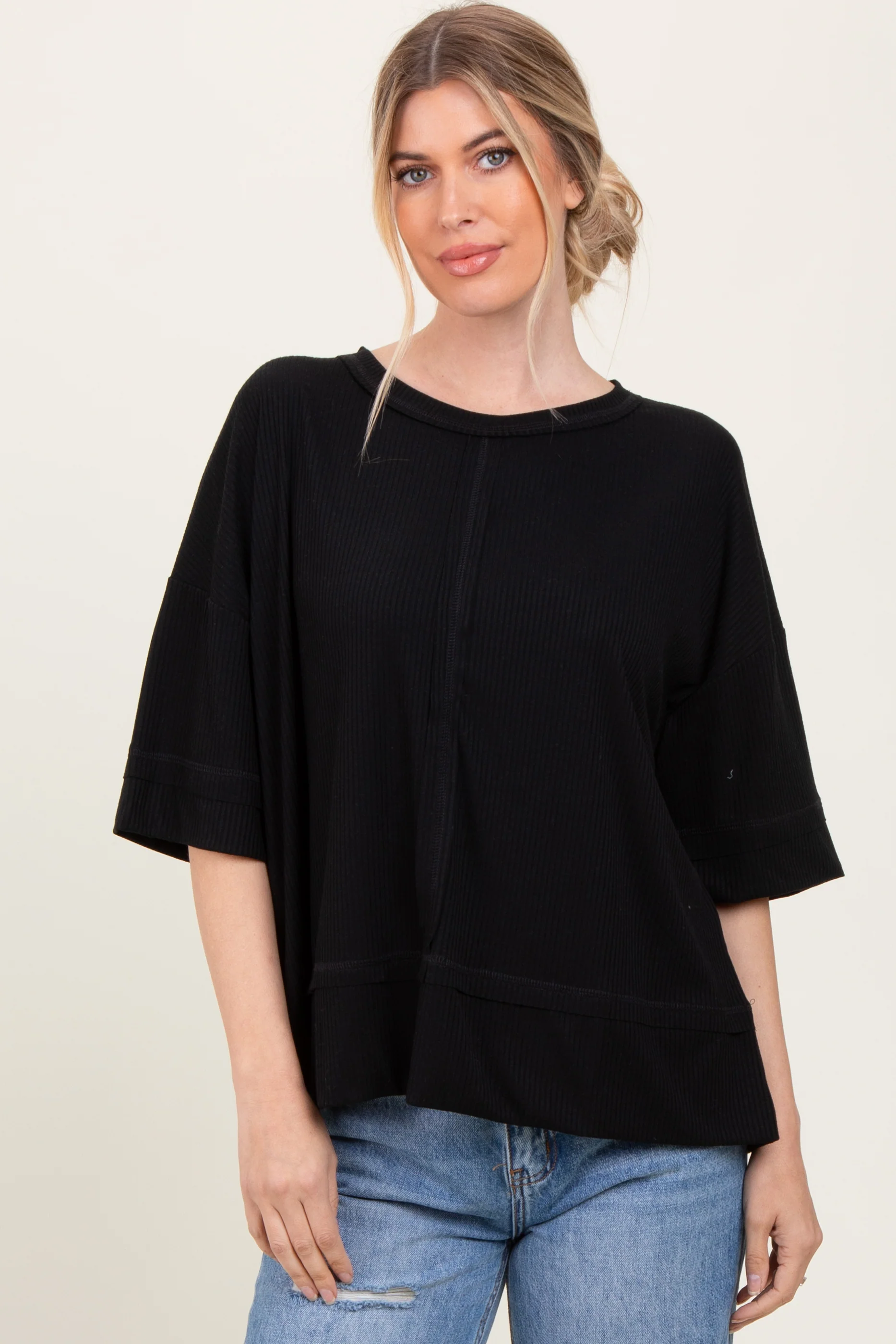 Black Ribbed Boxy Fit Short Sleeve Maternity Top - Image 3