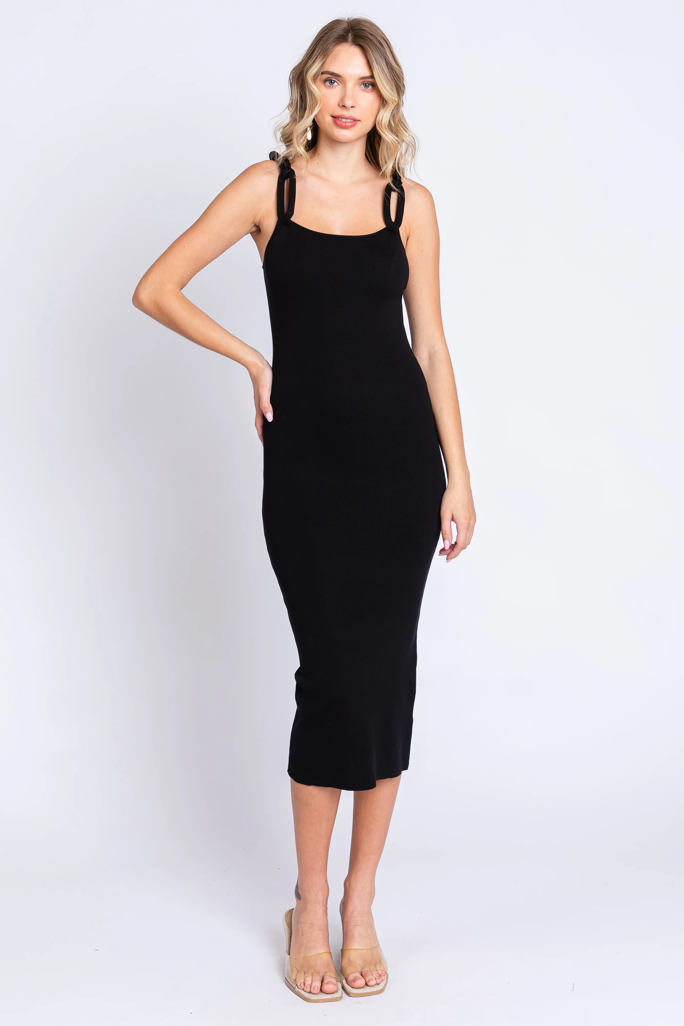 Black Ribbed Chain Link Strap Maternity Midi Dress - Image 5