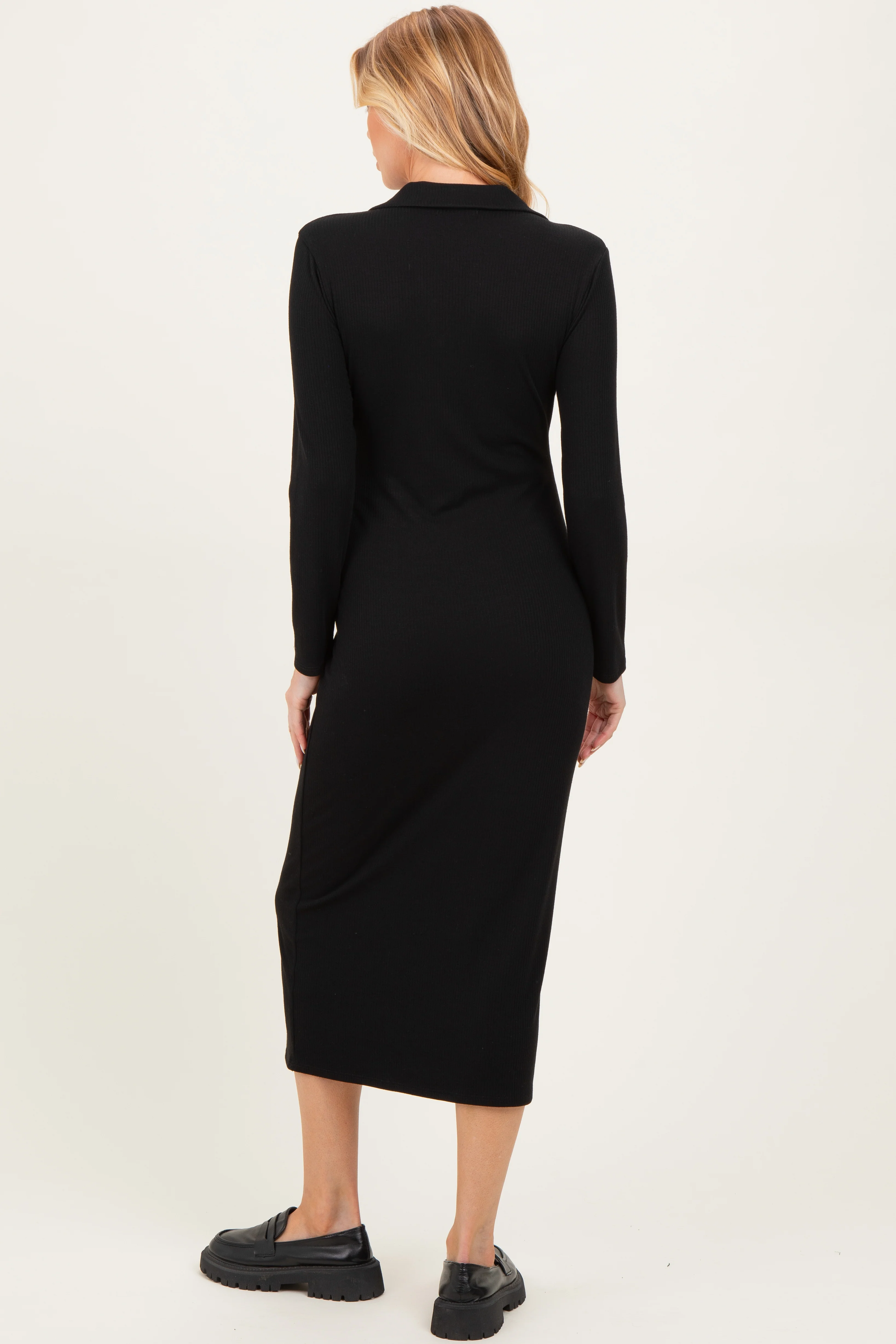 Black Ribbed Collared Long Sleeve Maternity Midi Dress - Image 3