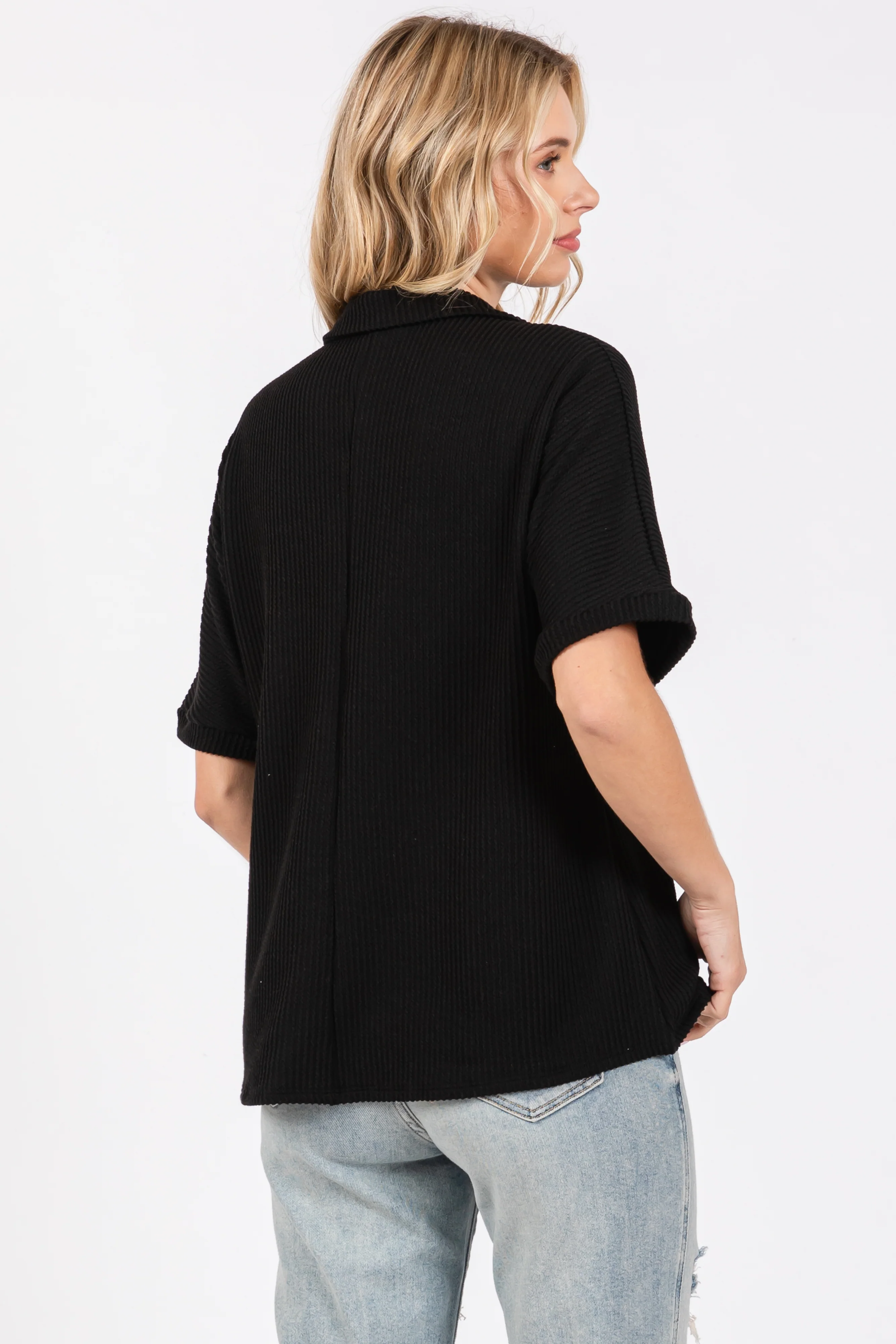 Black Ribbed Collared Top - Image 3