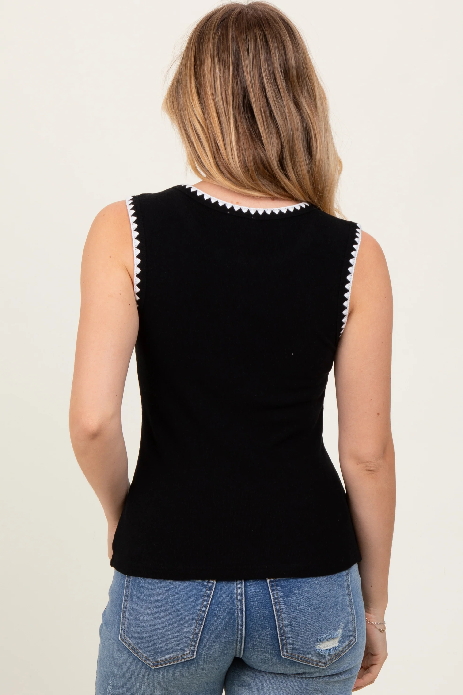 Black Ribbed Contrast Embroidered Sleeveless Top - Image 4