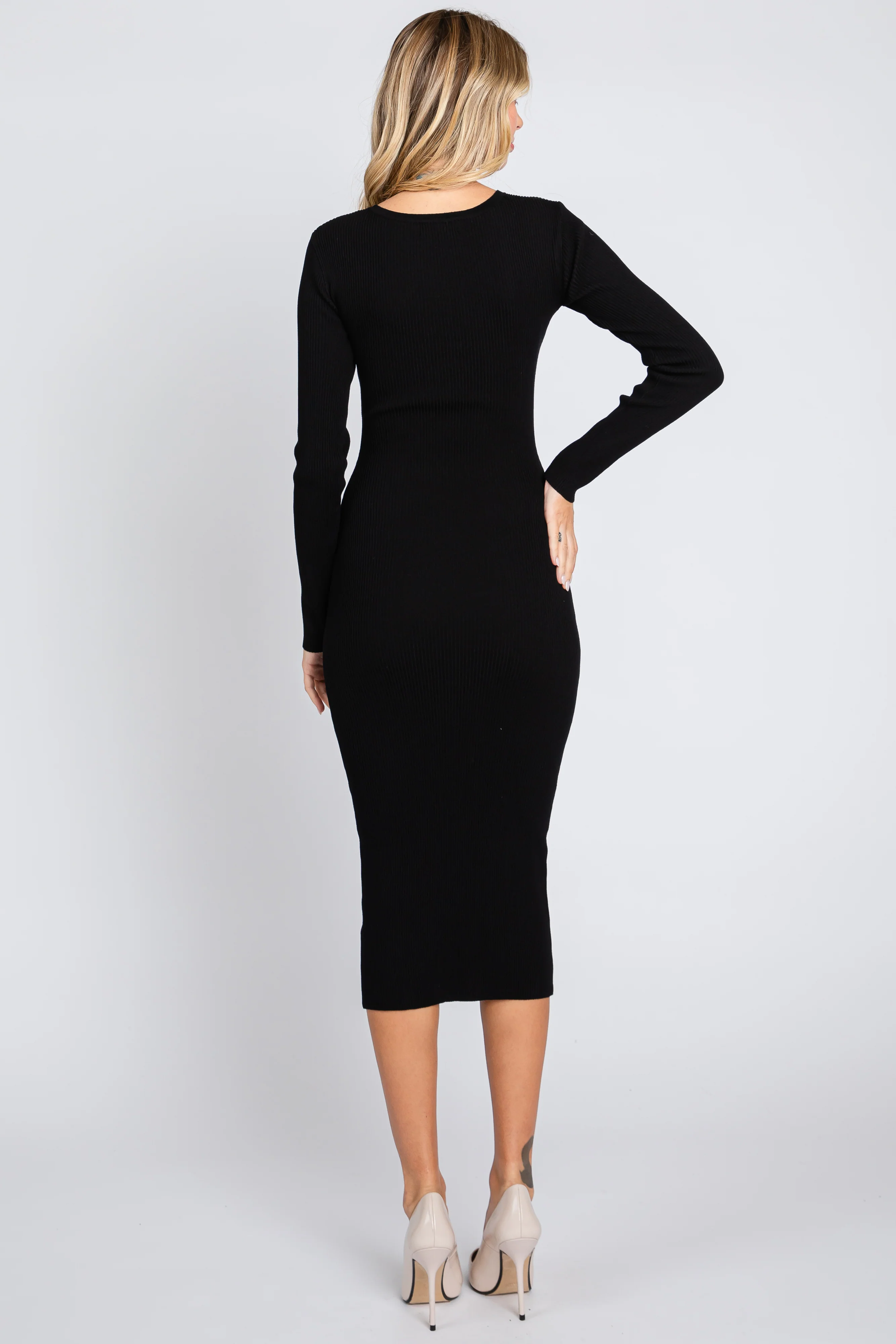 Black Ribbed Fitted Button Long Sleeve Dress - Image 3