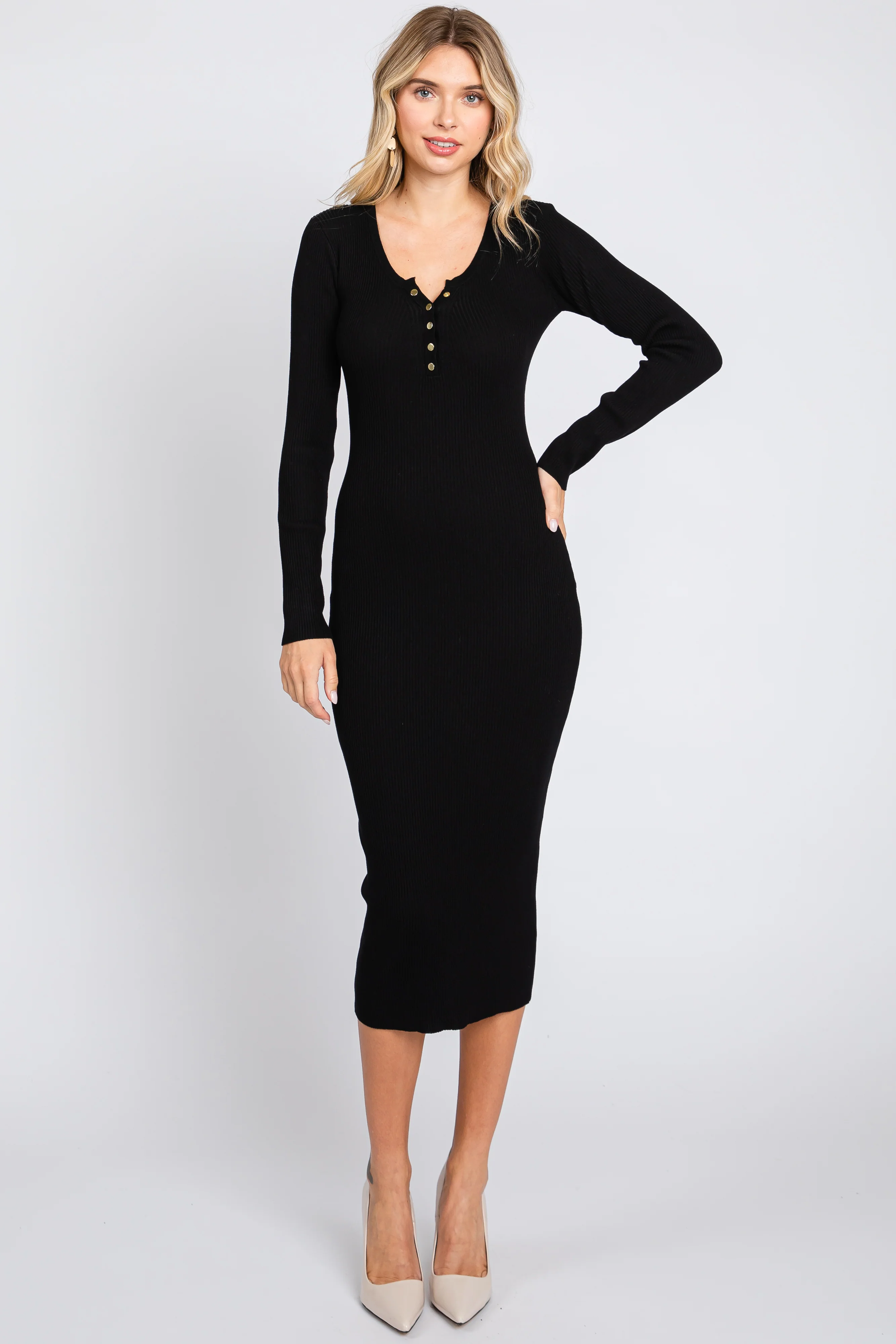 Black Ribbed Fitted Button Long Sleeve Maternity Dress - Image 5