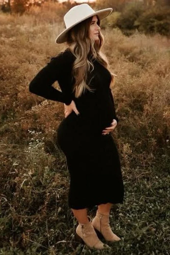 Black Ribbed Fitted Mock Neck Long Sleeve Maternity Midi Dress - Image 6