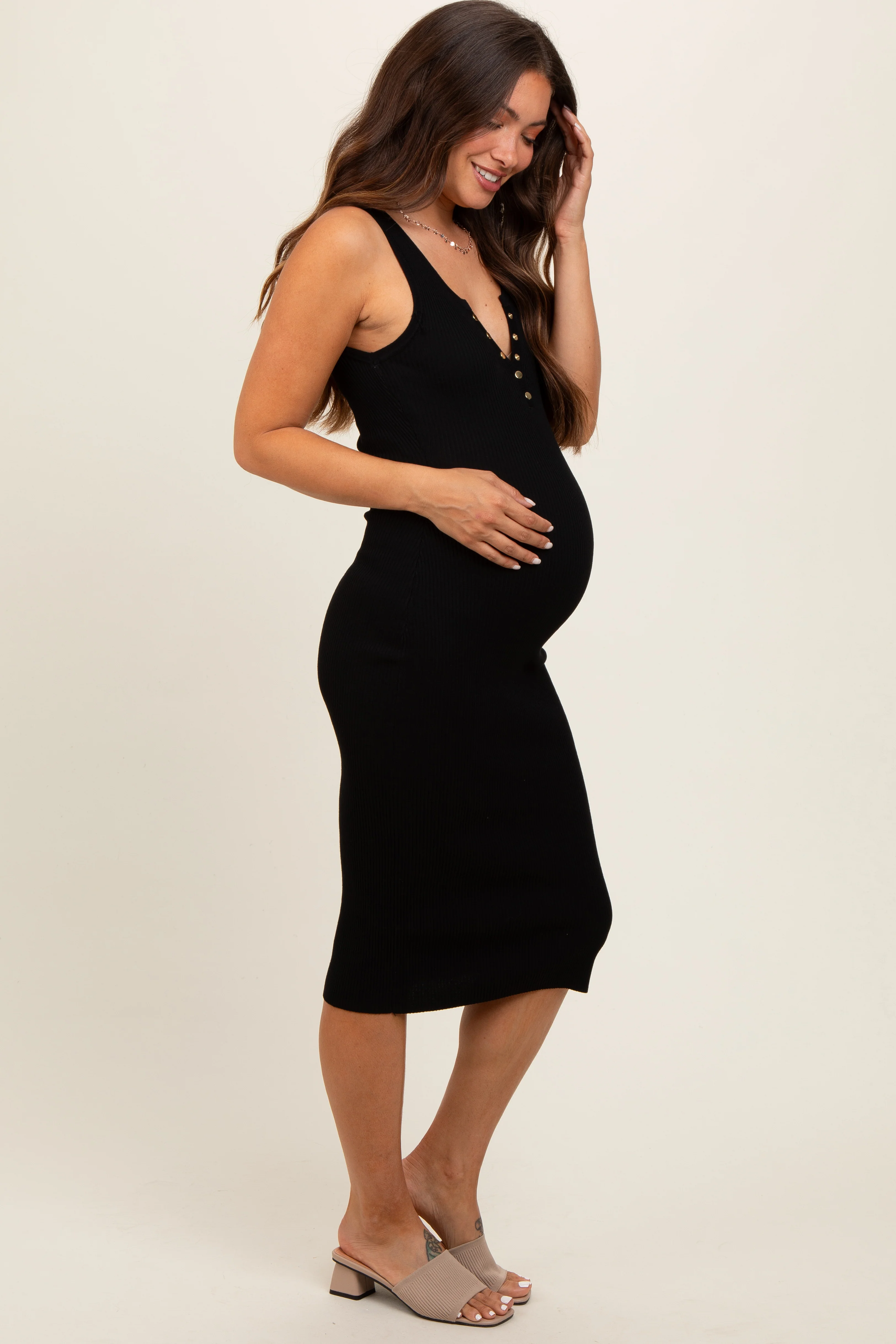 Black Ribbed Fitted Sleeveless Snap Button Maternity Dress - Image 3