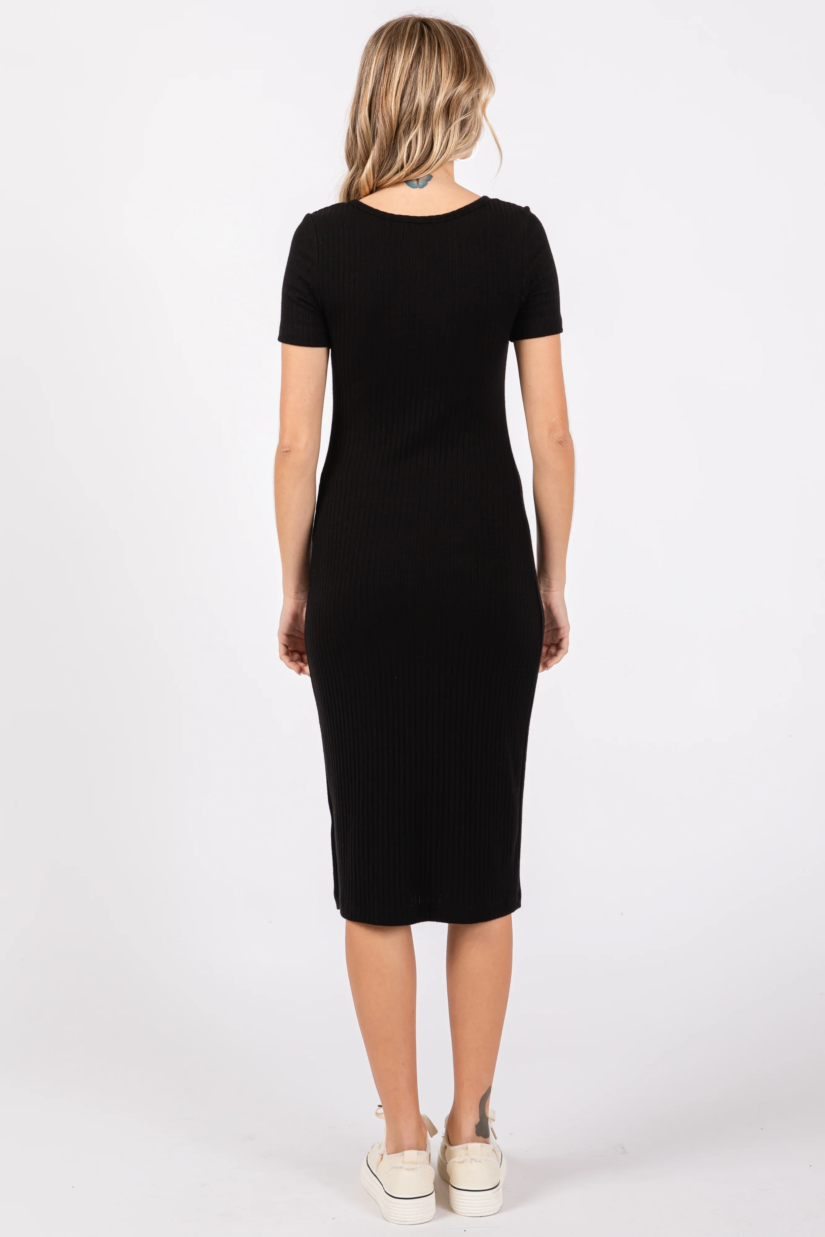 Black Ribbed Front Button Accent Short Sleeve Midi Dress - Image 3