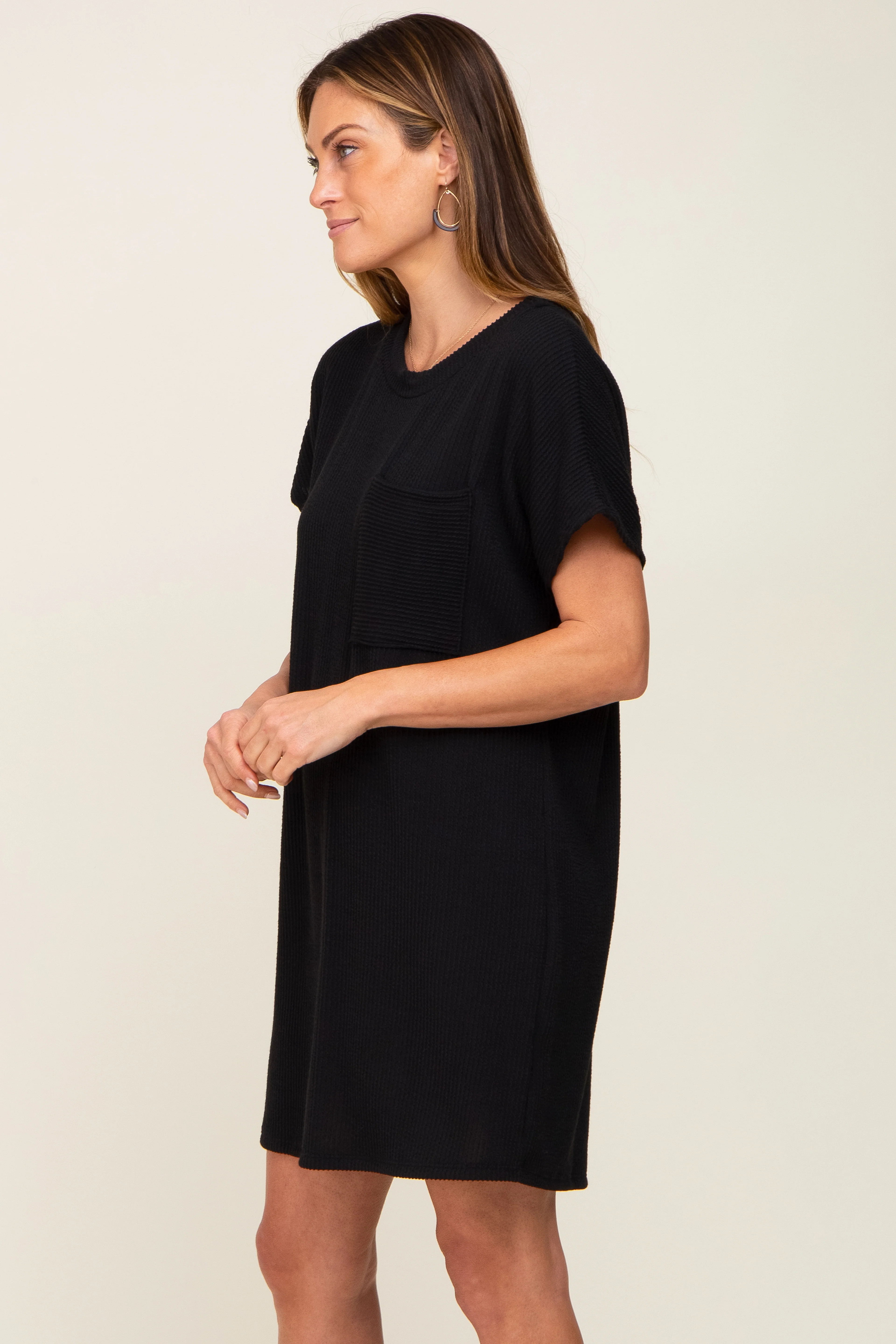Black Ribbed Front Pocket Dolman Short Sleeve Dress - Image 2