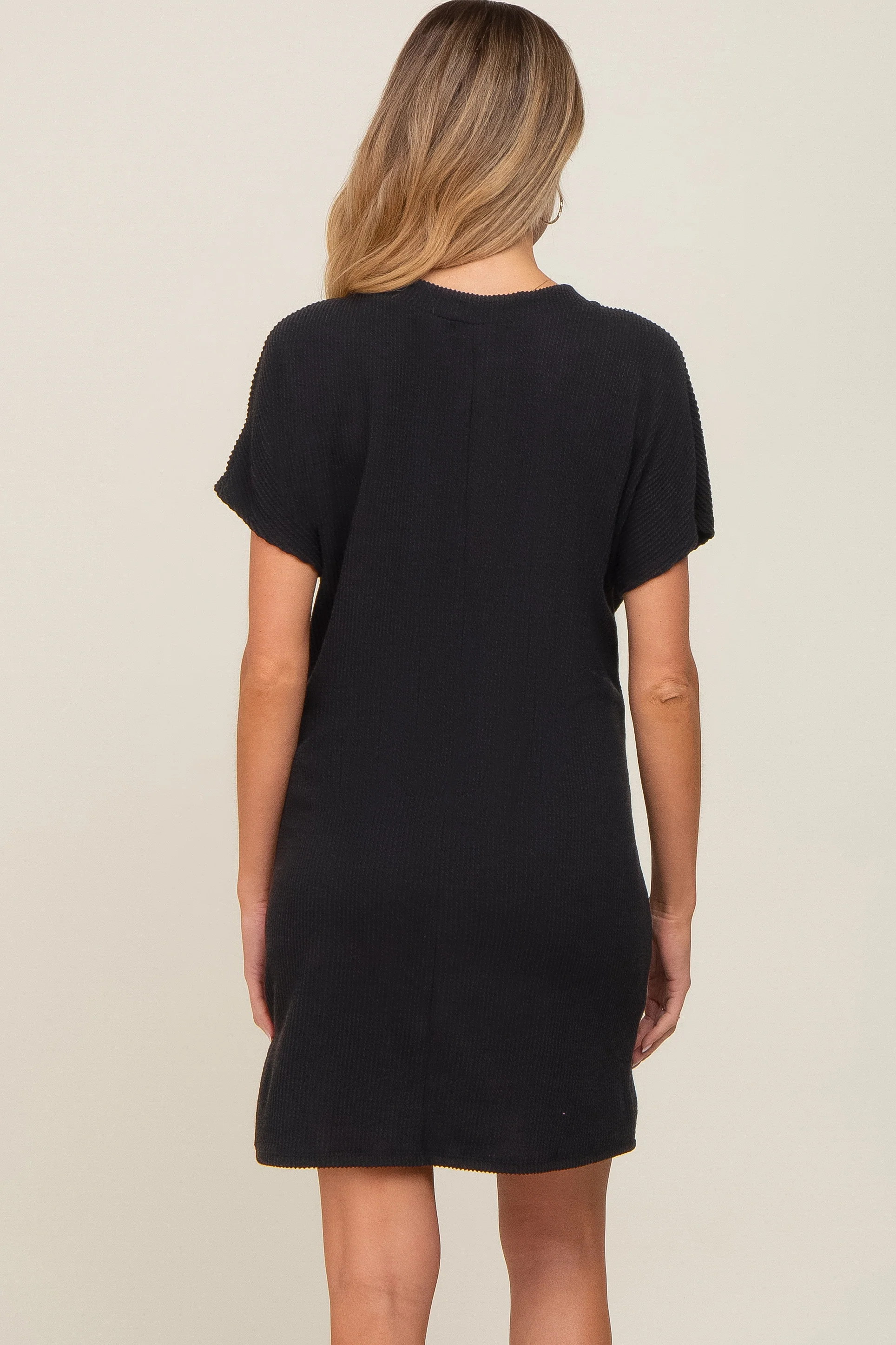 Black Ribbed Front Pocket Dolman Short Sleeve Maternity Dress - Image 3