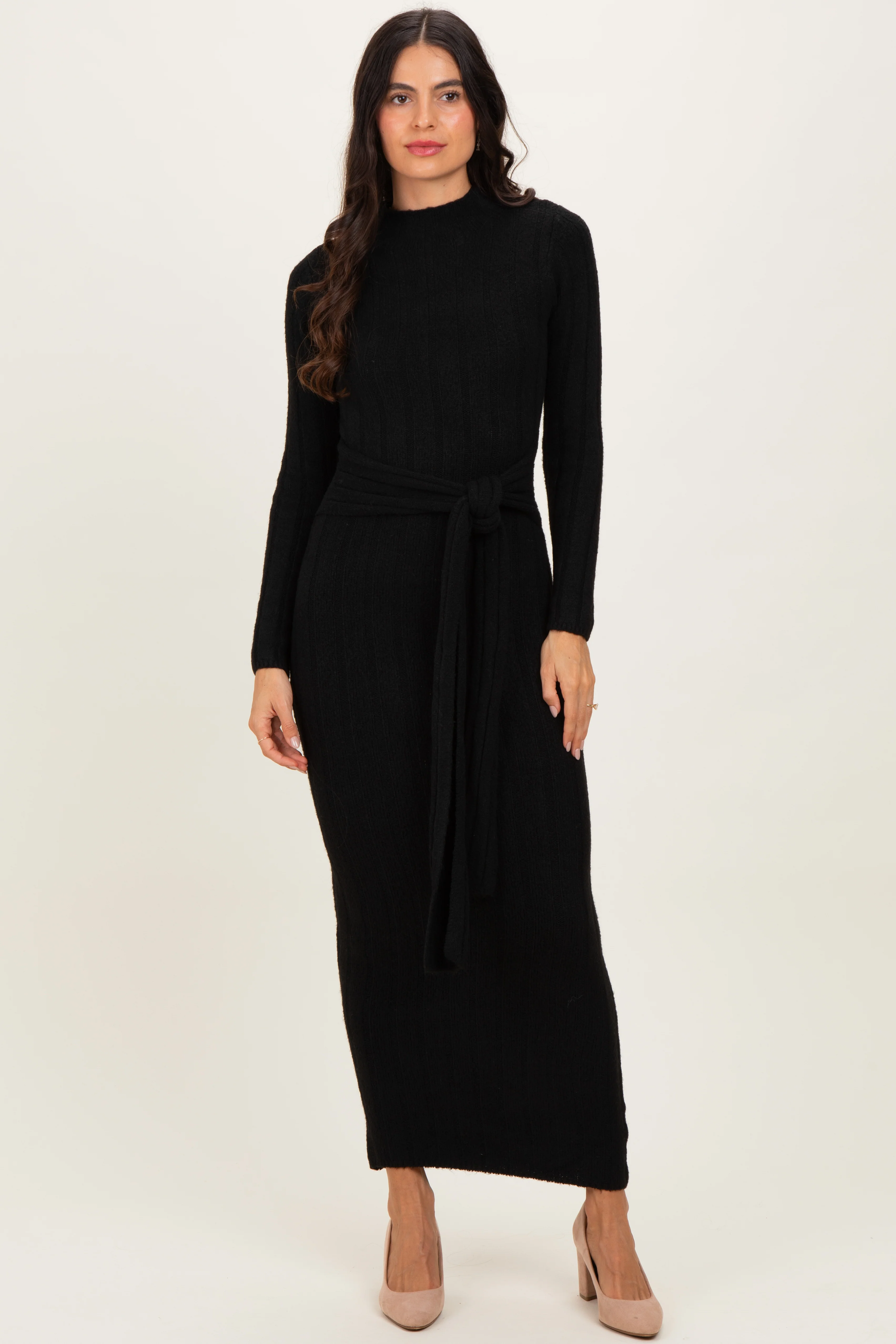 Black Ribbed Front Tie Maternity Maxi Sweater Dress - Image 5