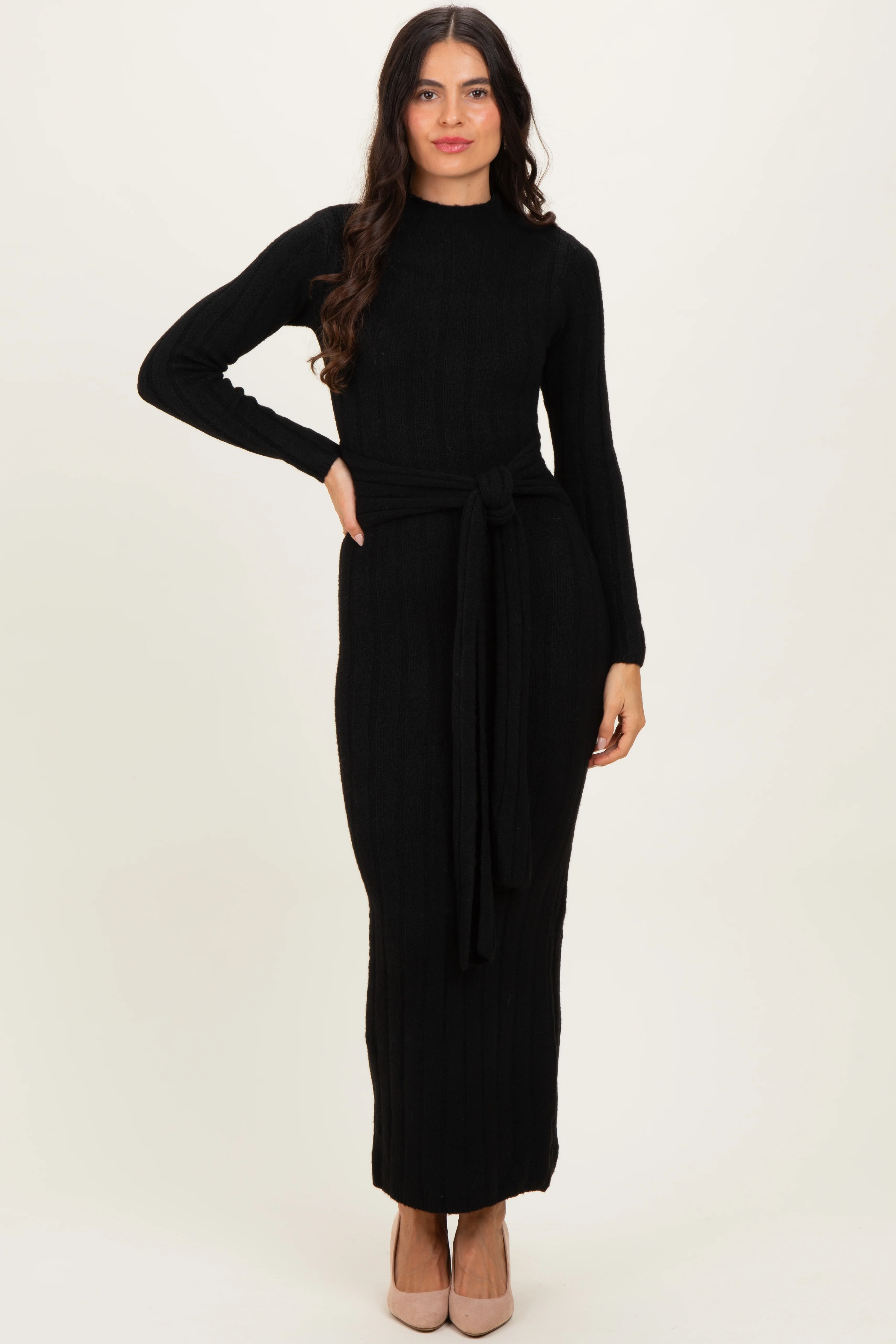 Black Ribbed Front Tie Maxi Sweater Dress - Image 2