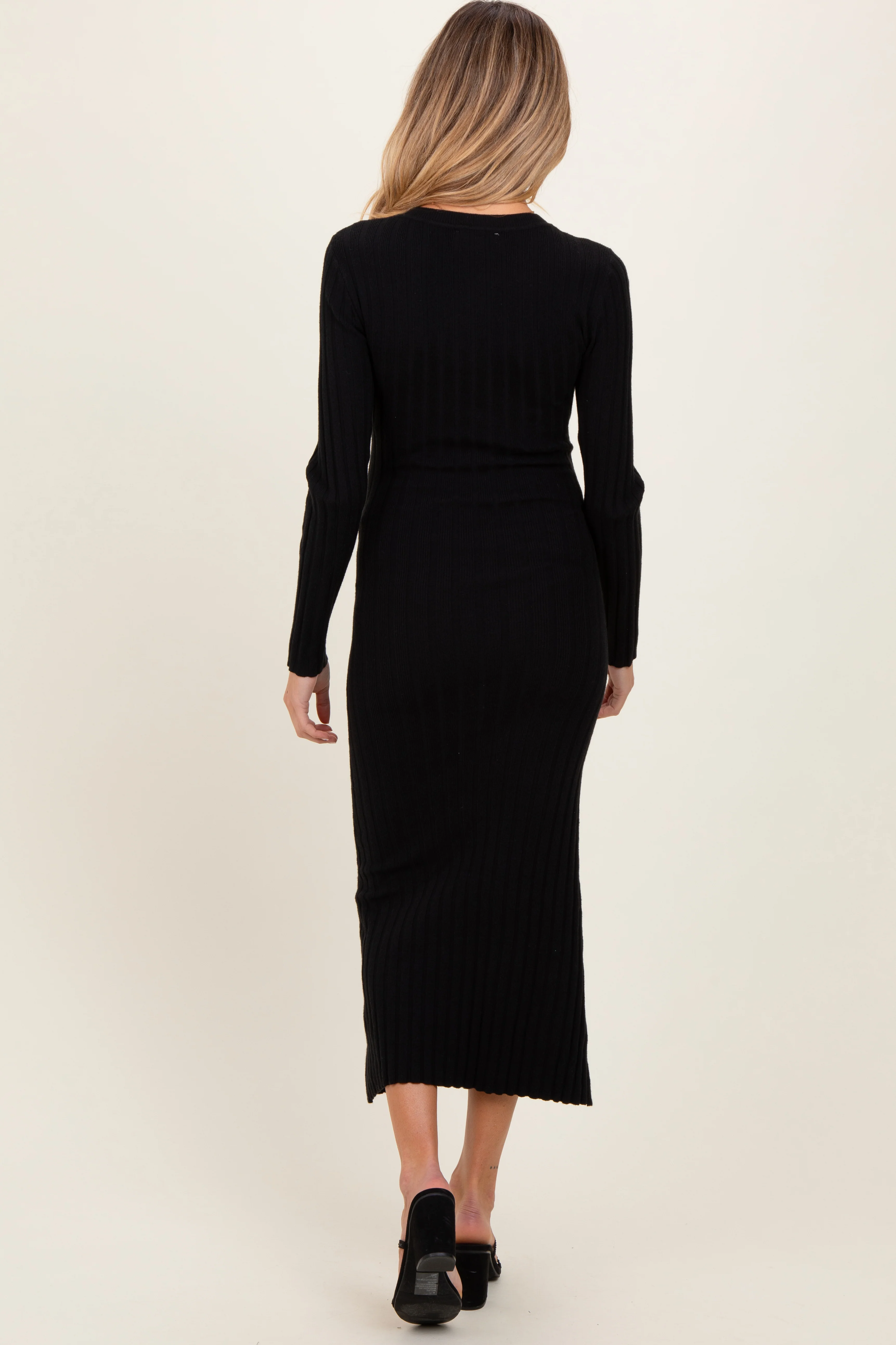 Black Ribbed Knit Fitted Maternity Midi Sweater Dress - Image 3