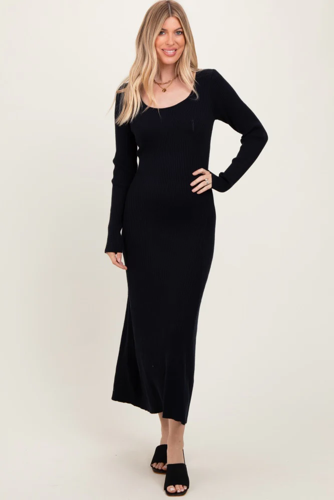 Black Ribbed Knit Maternity Maxi Sweater Dress - Image 3